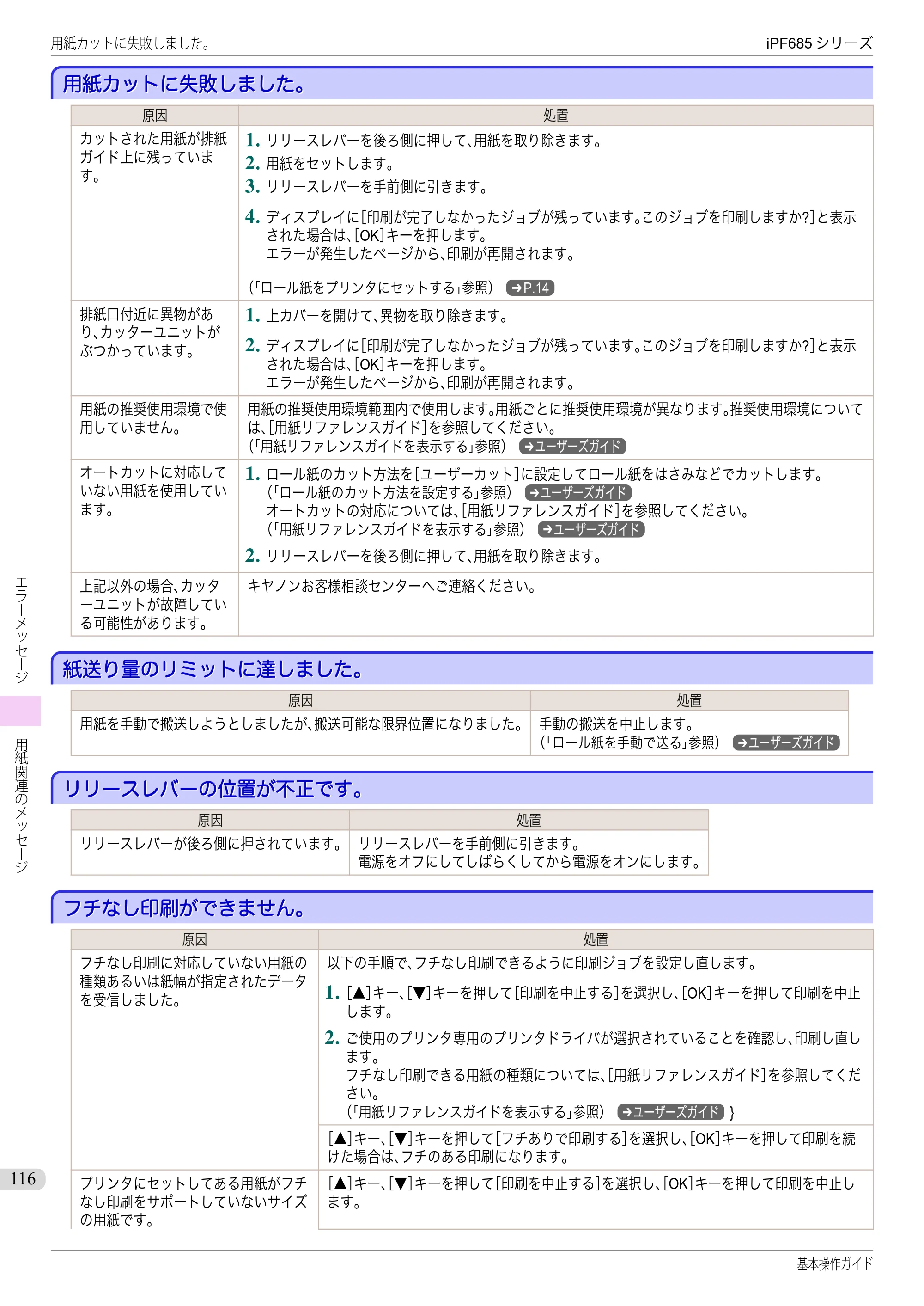 キヤノン iPF680/685/780/785 iPF685 基本操作ガイド （PDF：11.0MB） — 用紙カットに失敗しました。 — 原本ページ — 116ページ