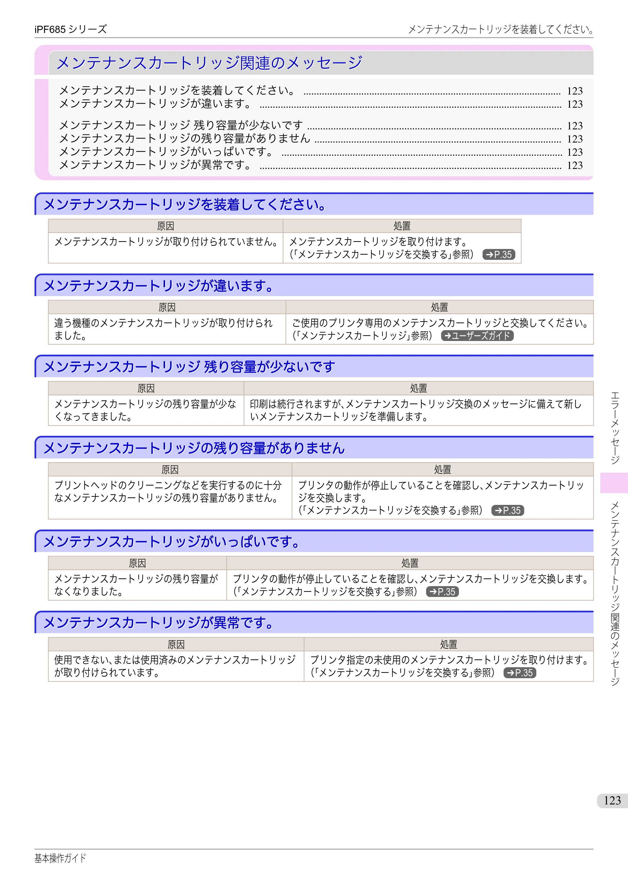 キヤノン iPF680/685/780/785 iPF685 基本操作ガイド （PDF：11.0MB） — メンテナンスカートリッジ関連のメッセージ — 原本ページ — 123ページ