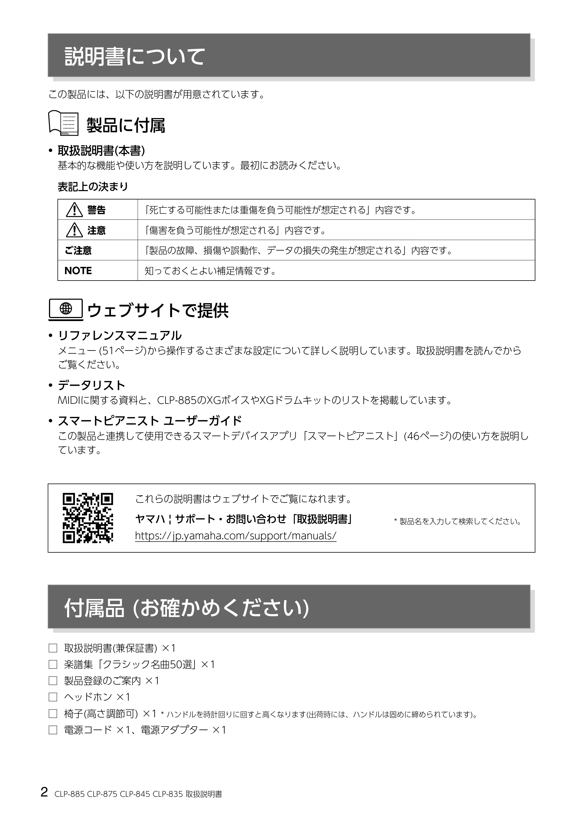 ヤマハ CLP-885 / CLP-875 / CLP-845 CLP-885/CLP-875/CLP-845/CLP-835 取扱説明書 — 説明書について — 原本ページ — 2ページ