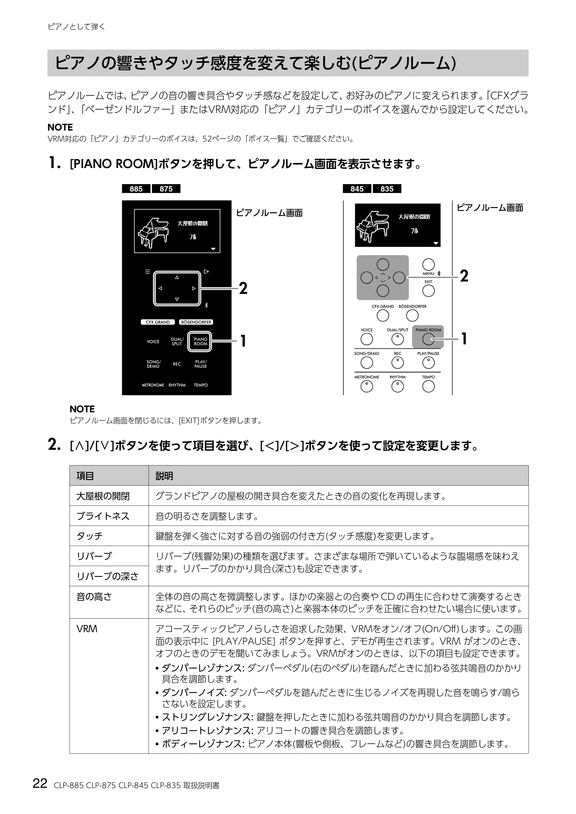 ヤマハ CLP-885 / CLP-875 / CLP-845 CLP-885/CLP-875/CLP-845/CLP-835 取扱説明書 — ピアノの響きやタッチ感度を変えて楽しむ(ピアノルーム) — 原本ページ — 22ページ