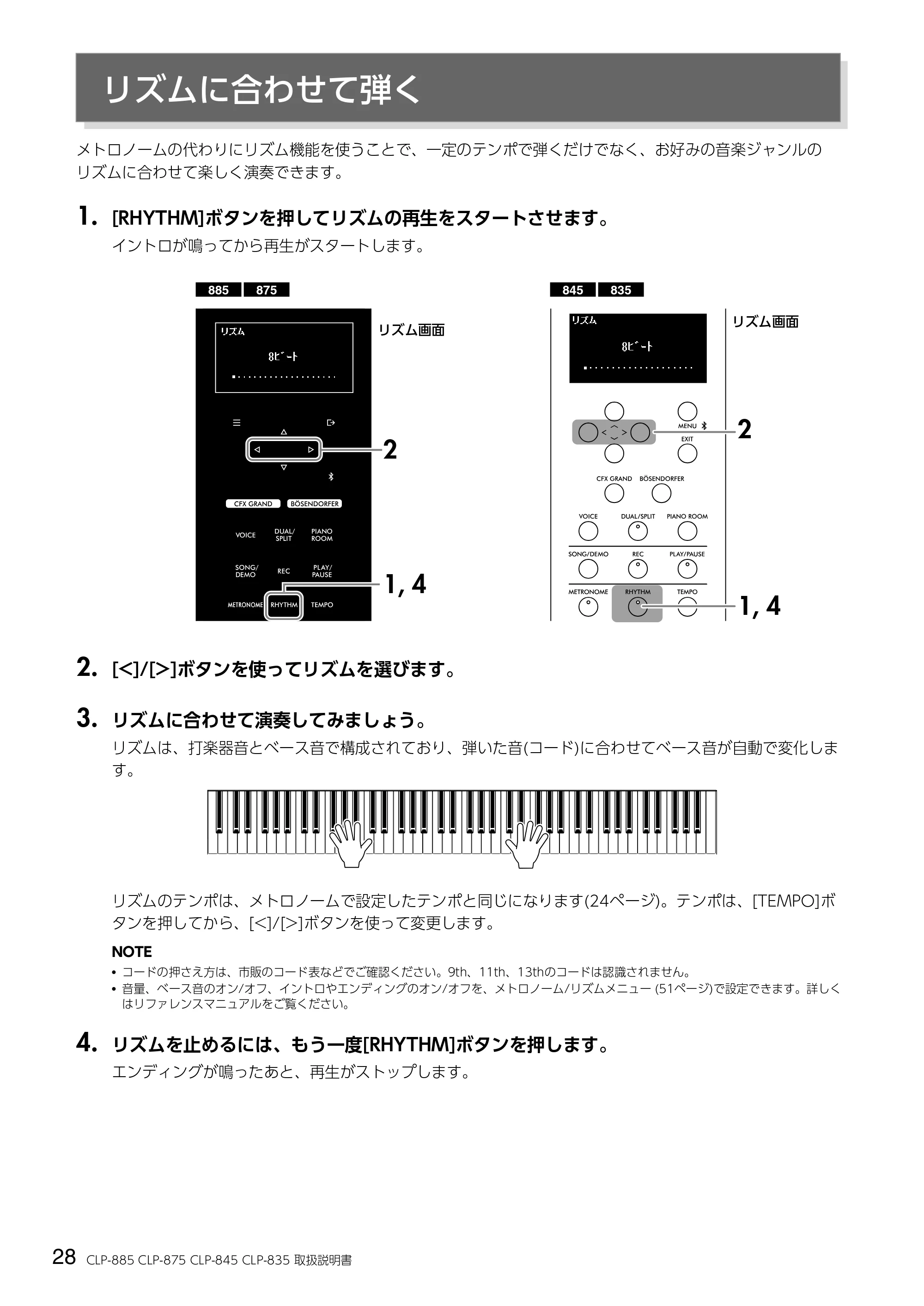 ヤマハ CLP-885 / CLP-875 / CLP-845 CLP-885/CLP-875/CLP-845/CLP-835 取扱説明書 — リズムに合わせて弾く — 原本ページ — 28ページ