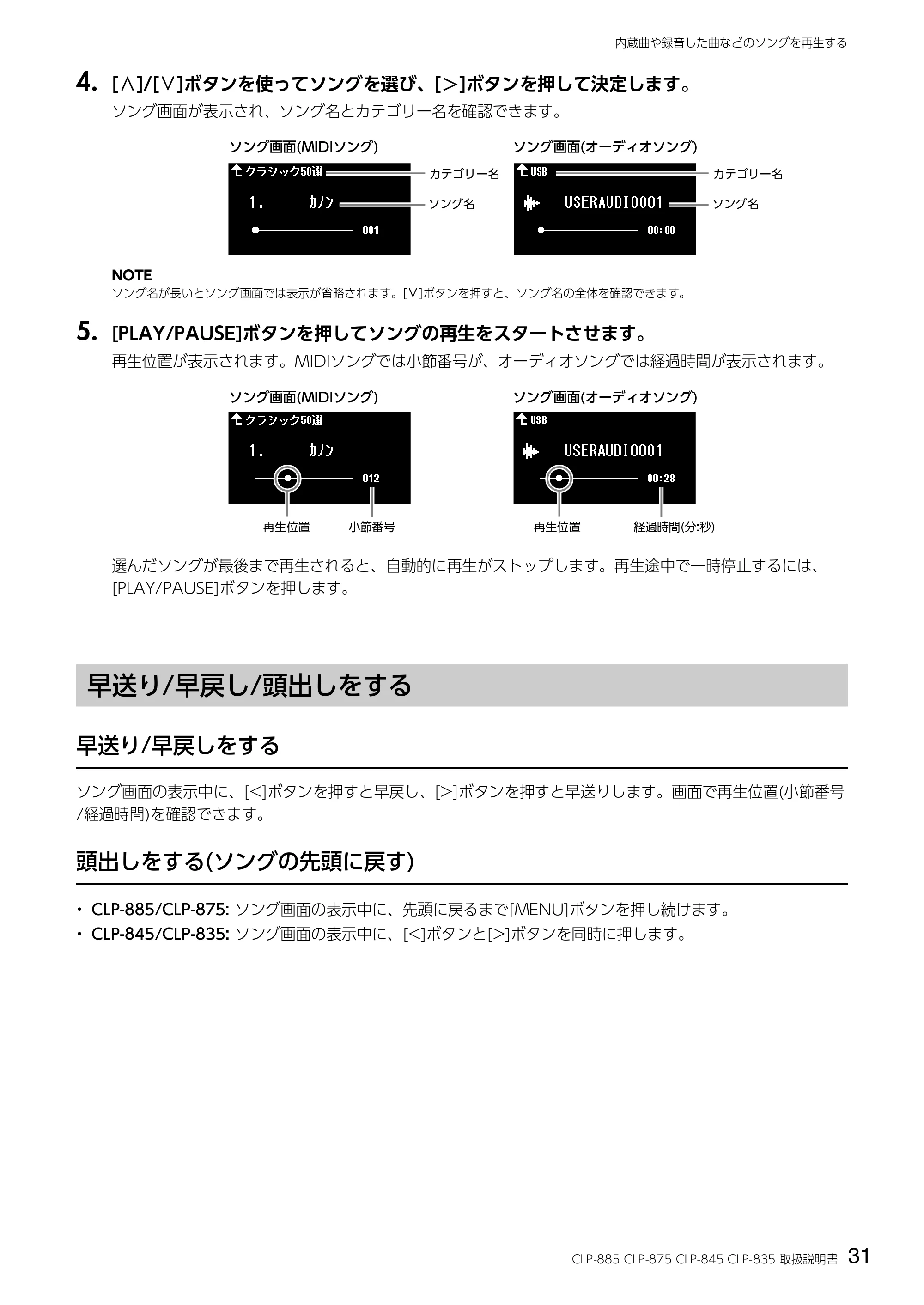 ヤマハ CLP-885 / CLP-875 / CLP-845 CLP-885/CLP-875/CLP-845/CLP-835 取扱説明書 — 早送り/早戻し/頭出しをする — 原本ページ — 31ページ