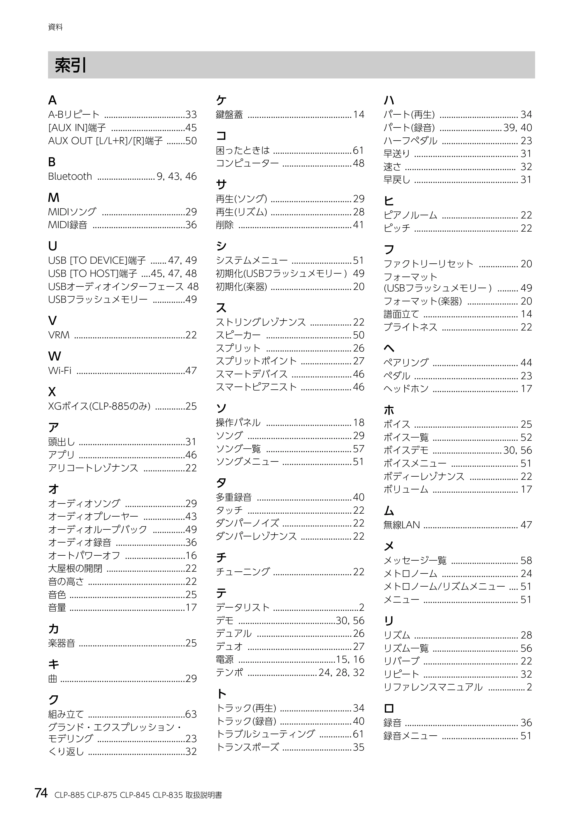 ヤマハ CLP-885 / CLP-875 / CLP-845 CLP-885/CLP-875/CLP-845/CLP-835 取扱説明書 — 索引 — 原本ページ — 74ページ
