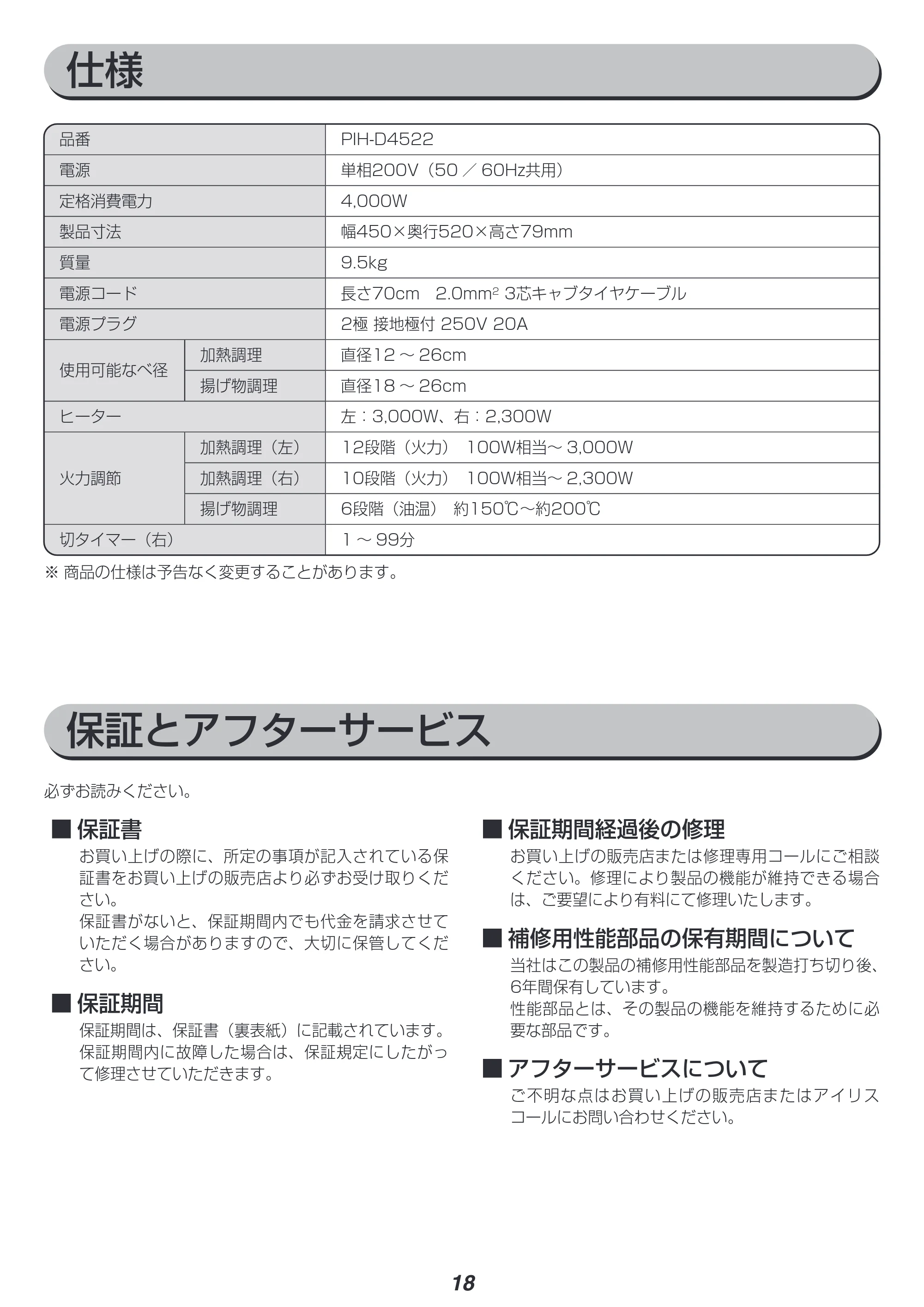 アイリスオーヤマ PIH-D4522 取扱説明書 — 原本ページ — 18ページ
