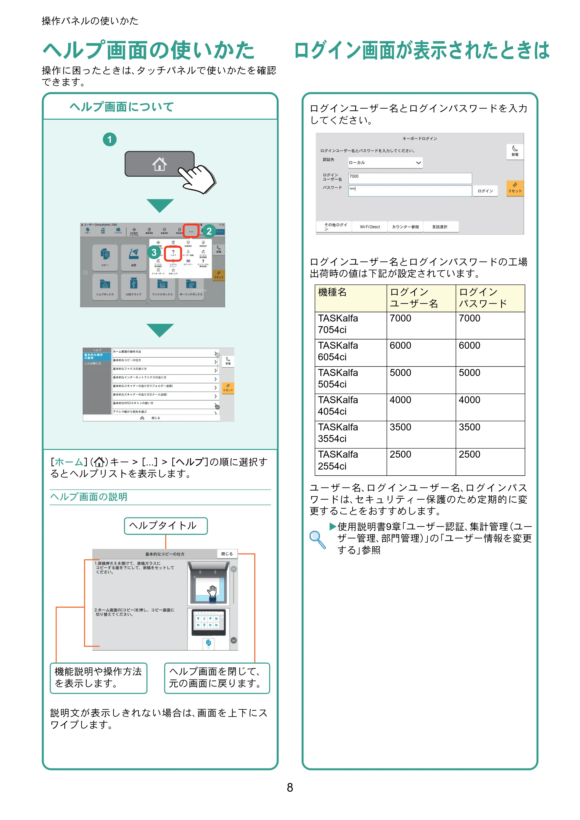 京セラ TASKalfa 2554ci / TASKalfa 3554ci / TASKalfa 4054ci TASKalfa 7054ci/6054ci/5054ci/4054ci/3554ci/2554ci クイックガイド — ヘルプ画面の使いかた — 原本ページ — 8ページ