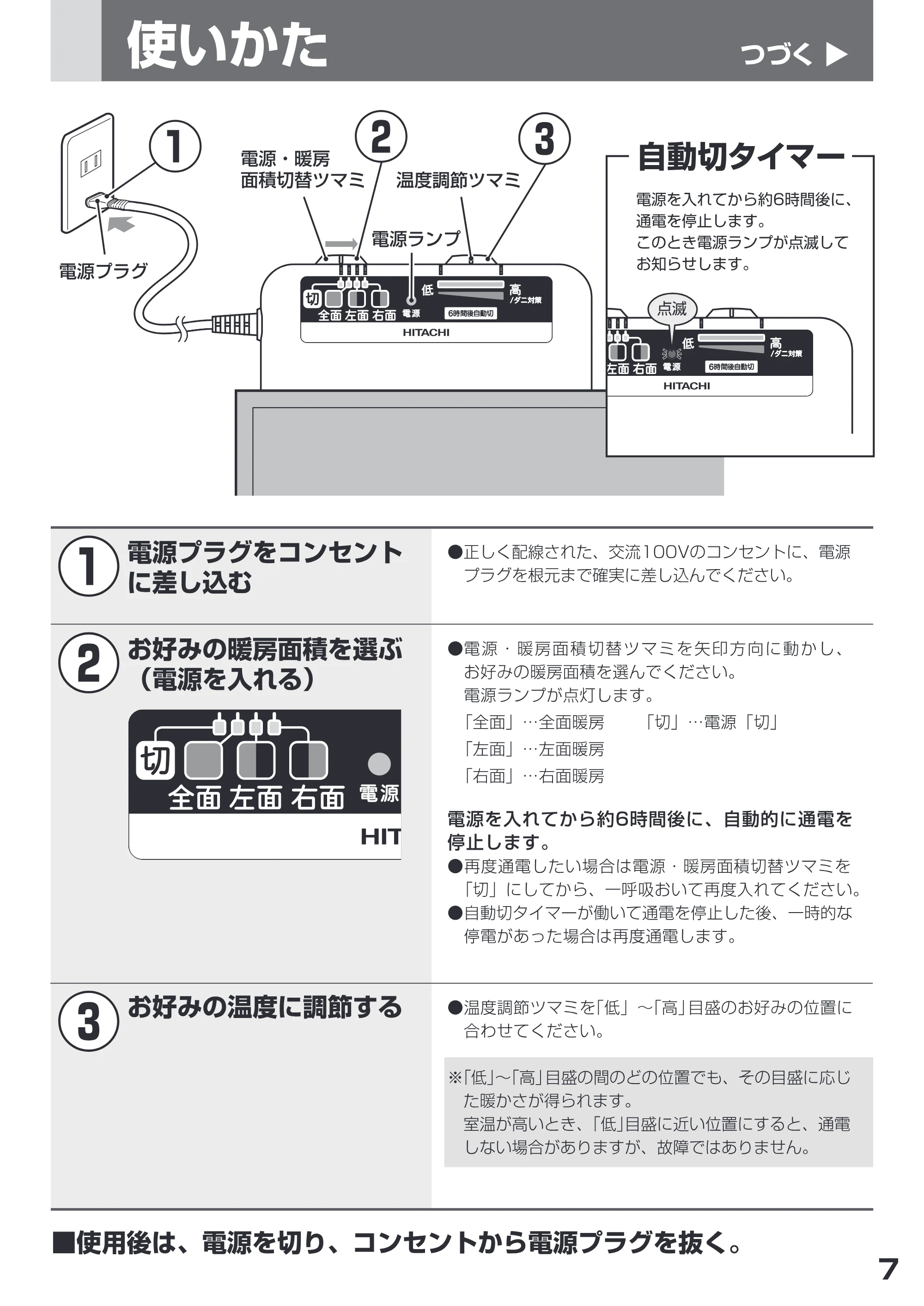 日立 HLU-3008Y / HLU-2008Y 取扱説明書 — し 2 使いかた つづく> — 原本ページ — 7ページ