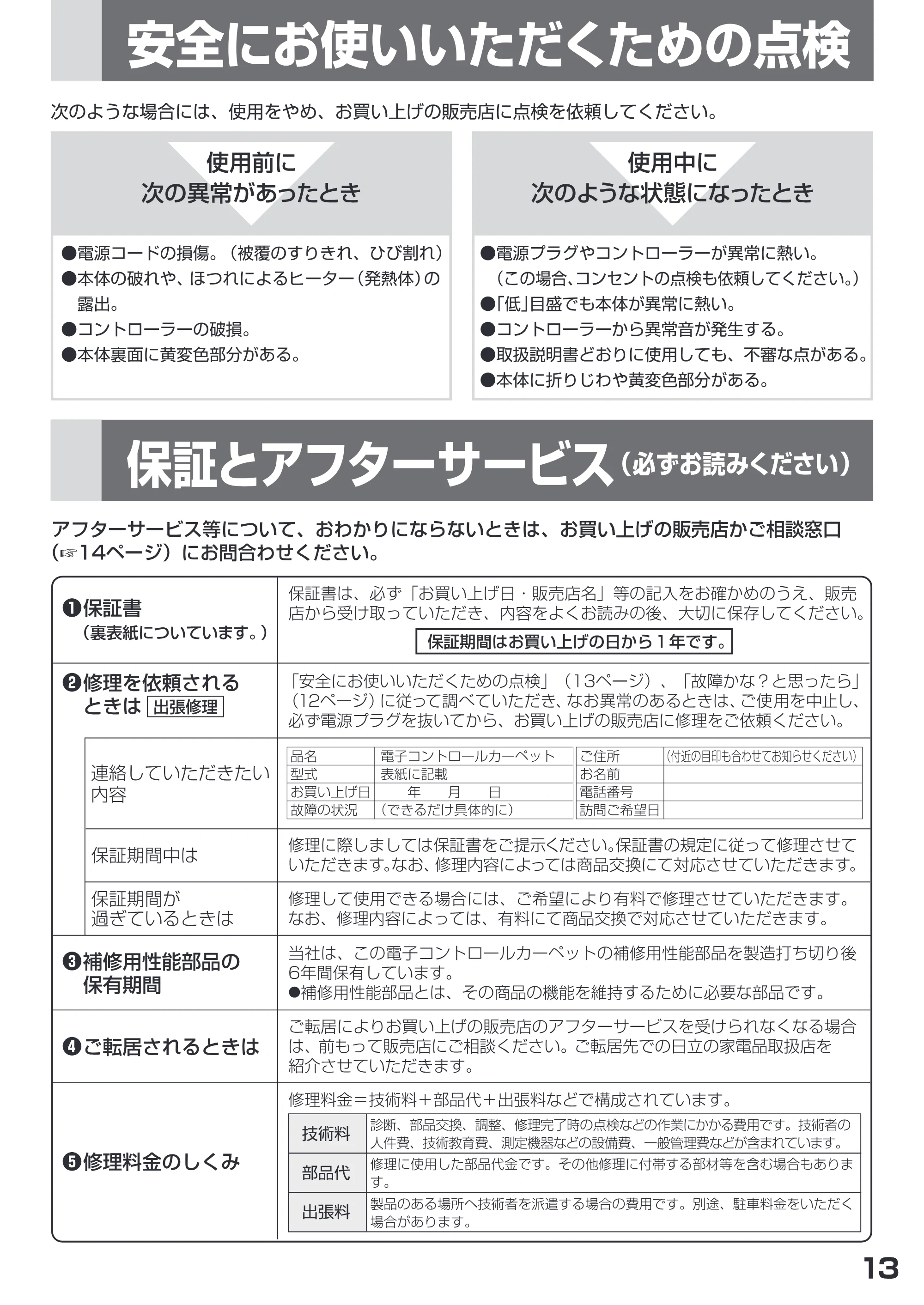 日立 HLU-3008Y / HLU-2008Y 取扱説明書 — = KU " = " 保証とアフターサービスsmz<rsu) — 原本ページ — 13ページ