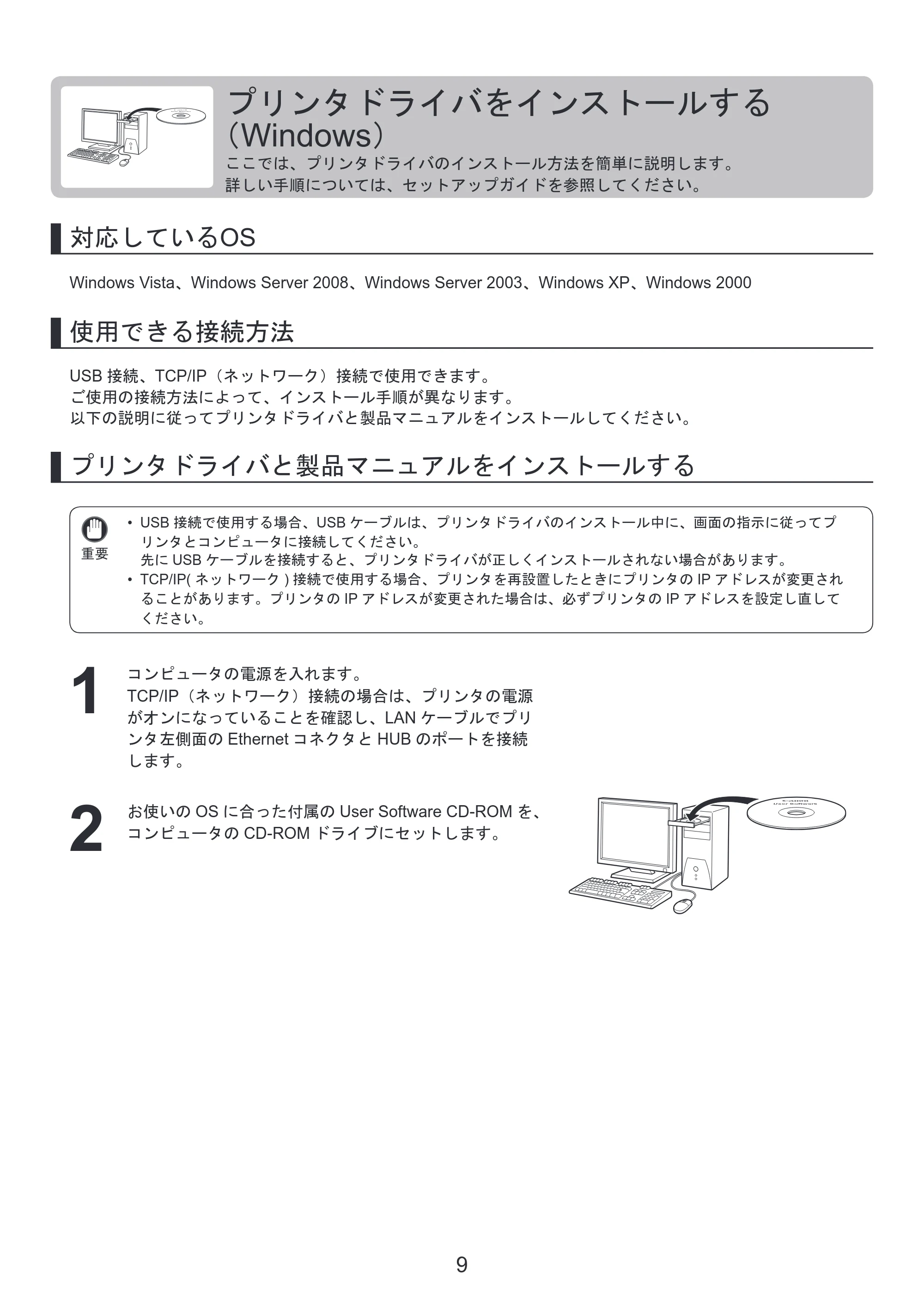 キヤノン iPF650/655/750/755 基本操作ガイド プリンタを運ぶ時には プリンタードライバーインストール （PDF形式／3.52Mバイト） — （Windows） — 原本ページ — 9ページ