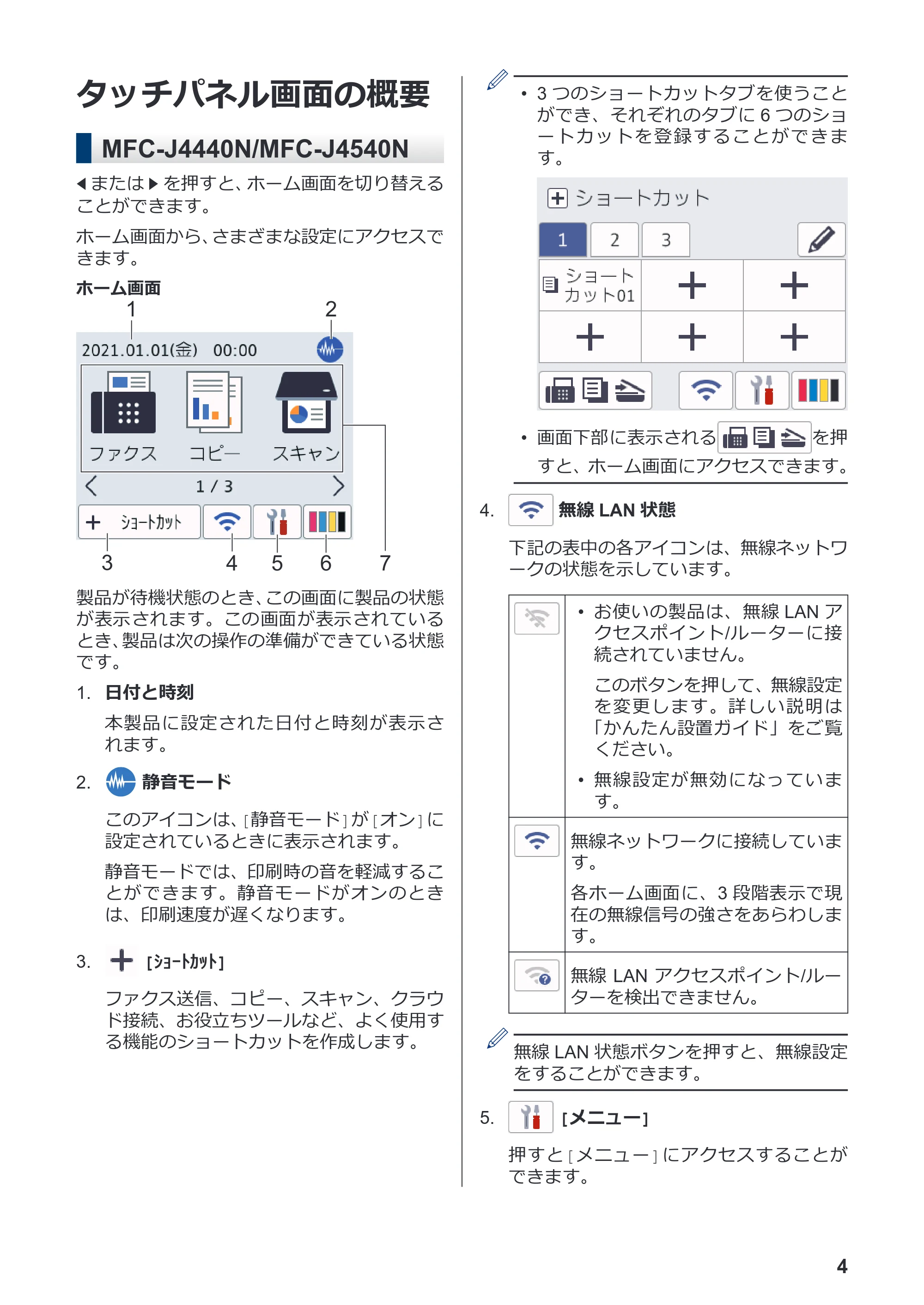 ブラザー DCP-J4140N / MFC-J4440N / MFC-J4540N かんたん操作ガイド — タッチパネル画面の概要 — 原本ページ — 5ページ