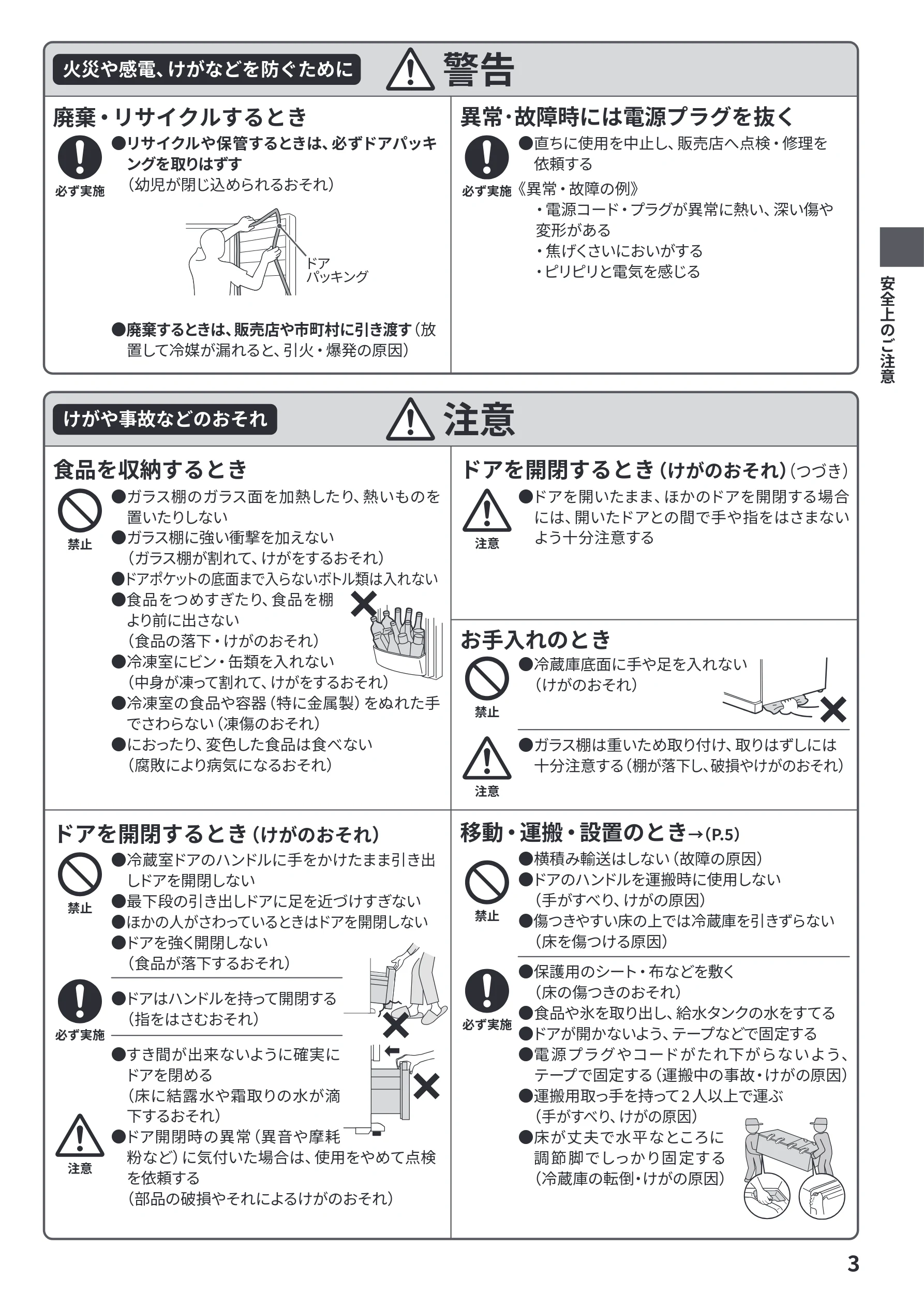 日立 R-27Y 取扱説明書 — 火災や感電、けがなどを防ぐために 警告 — 図版 3-1 — 3ページ