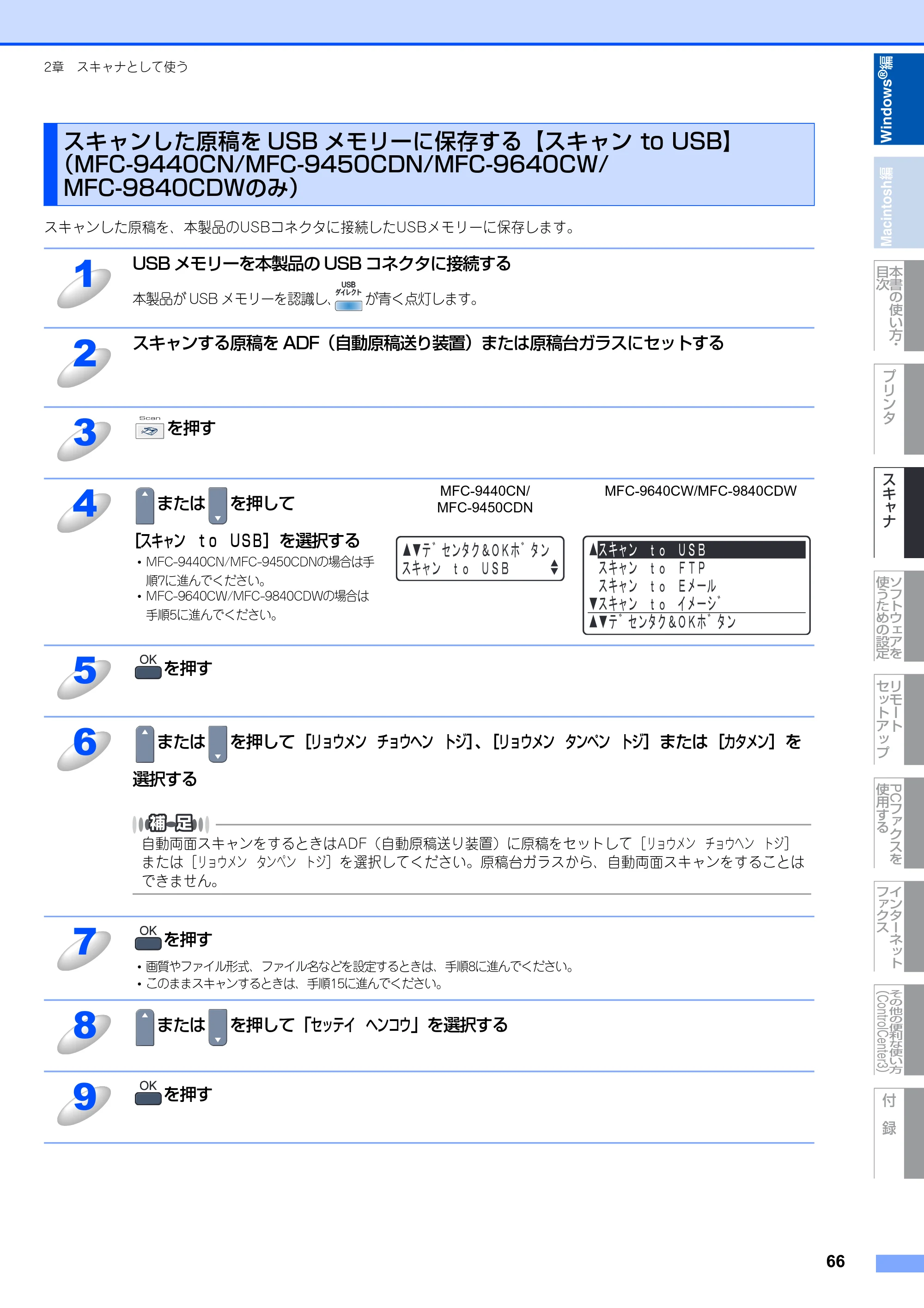 ブラザー DCP-9040CN / MFC-9440CN / MFC-9450CDN ユーザーズガイド ～パソコン活用編～ — スキャンした原稿をUSBメモリーに保存する【スキャン to USB】（MFC-9440CN/MFC-9450CDN/MFC-9640CW/MFC-9840CDWのみ） — 原本ページ — 67ページ