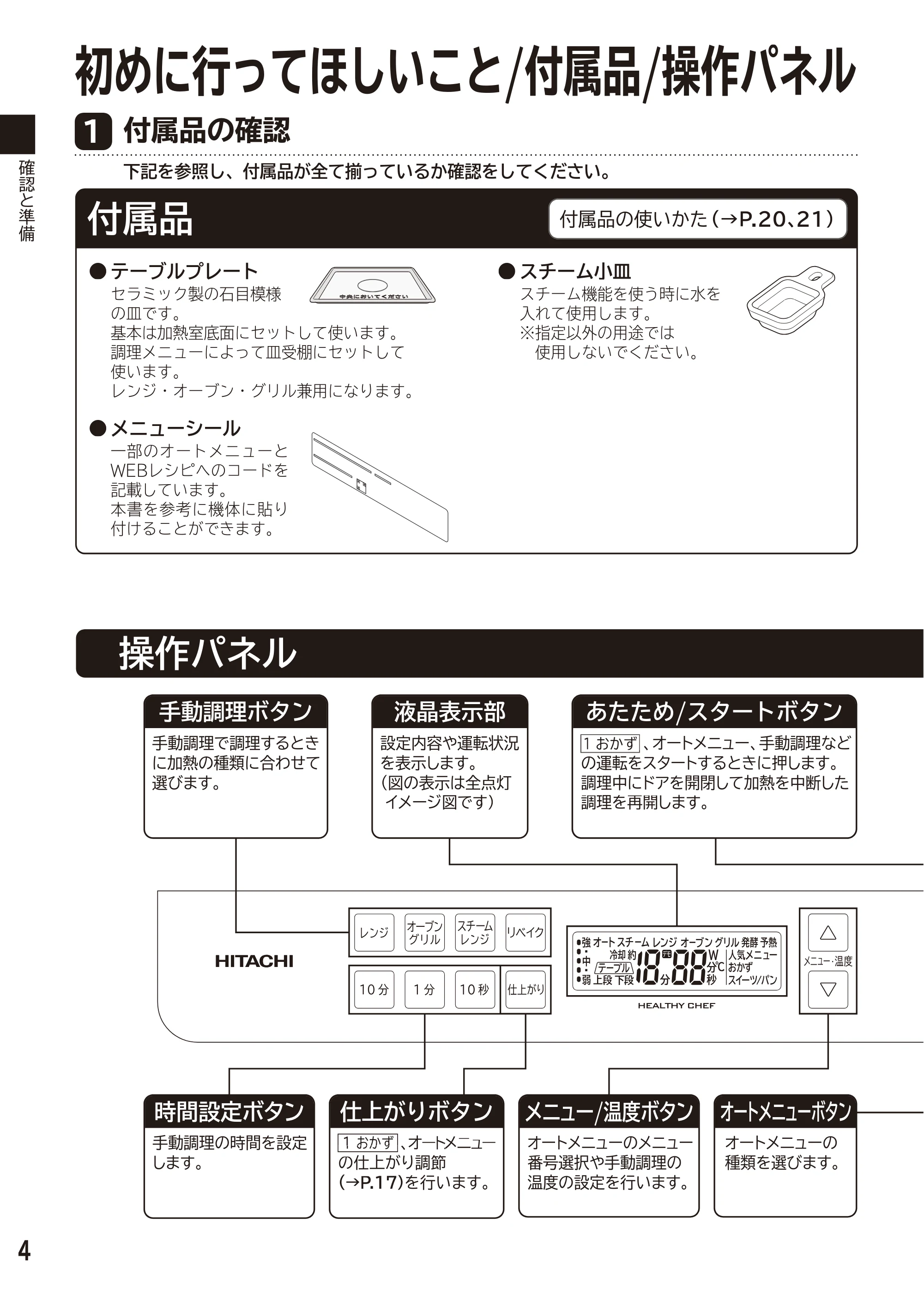 日立 MRO-S7D 取扱説明書 — 確認と準備 — 原本ページ — 4ページ