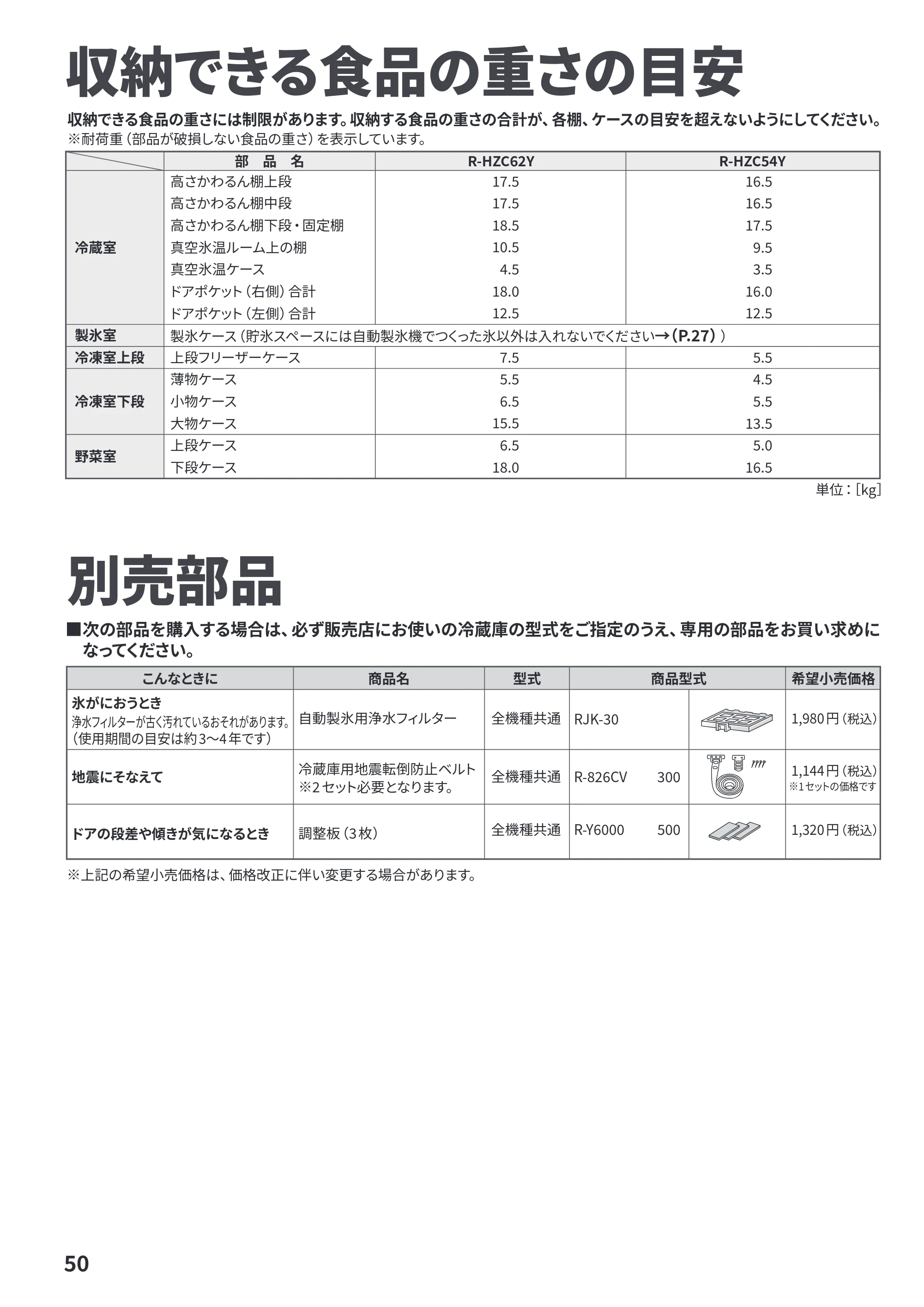 日立 R-HZC62Y / R-HZC54Y 取扱説明書 — 収納できる食品の重さの目安 — 原本ページ — 50ページ