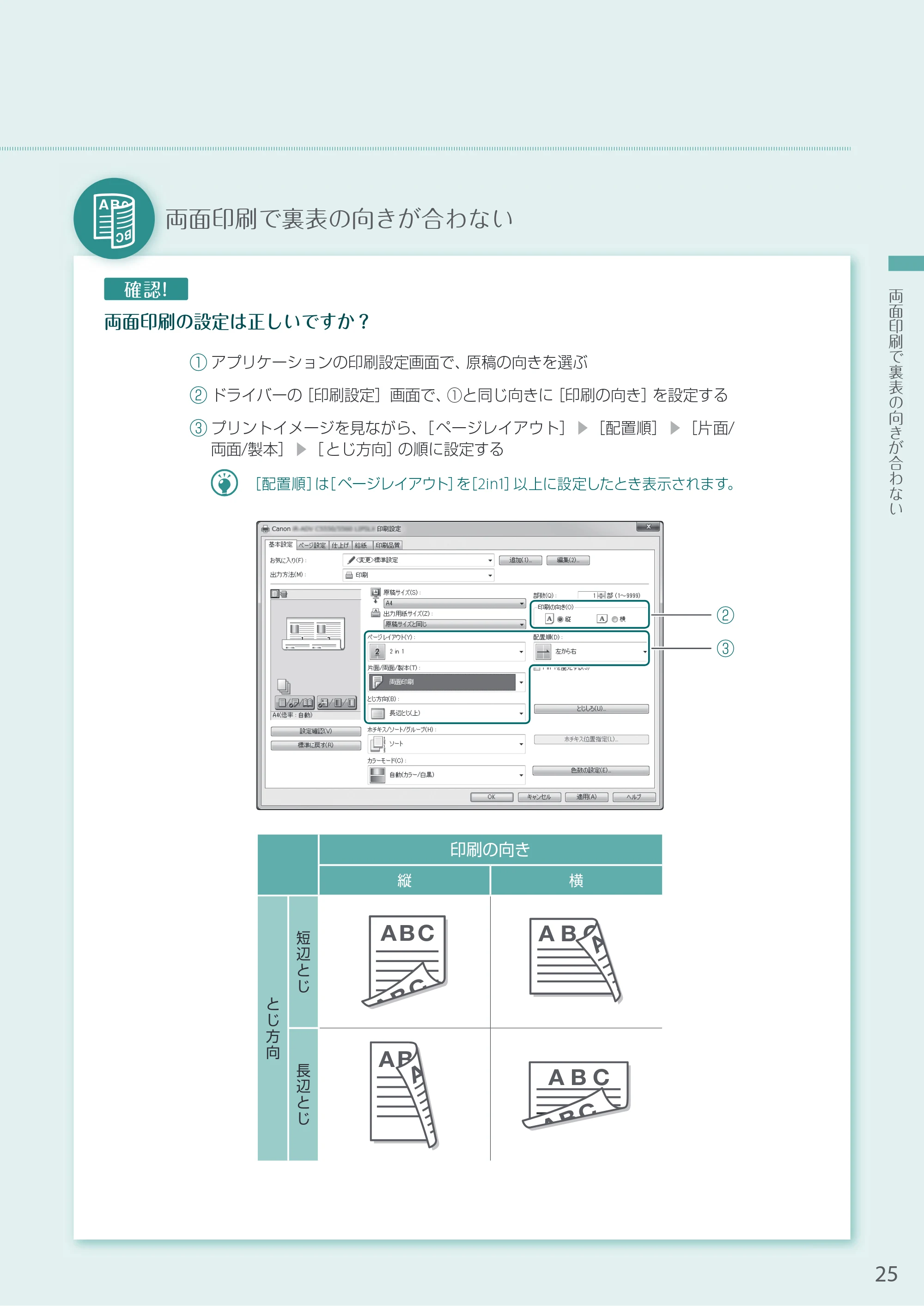 キヤノン A3機用) お困りごと解決ガイド 2020年5月14日更新（PDF：16.9MB） — 両面印刷で裏表の向きが合わない — 原本ページ — 25ページ