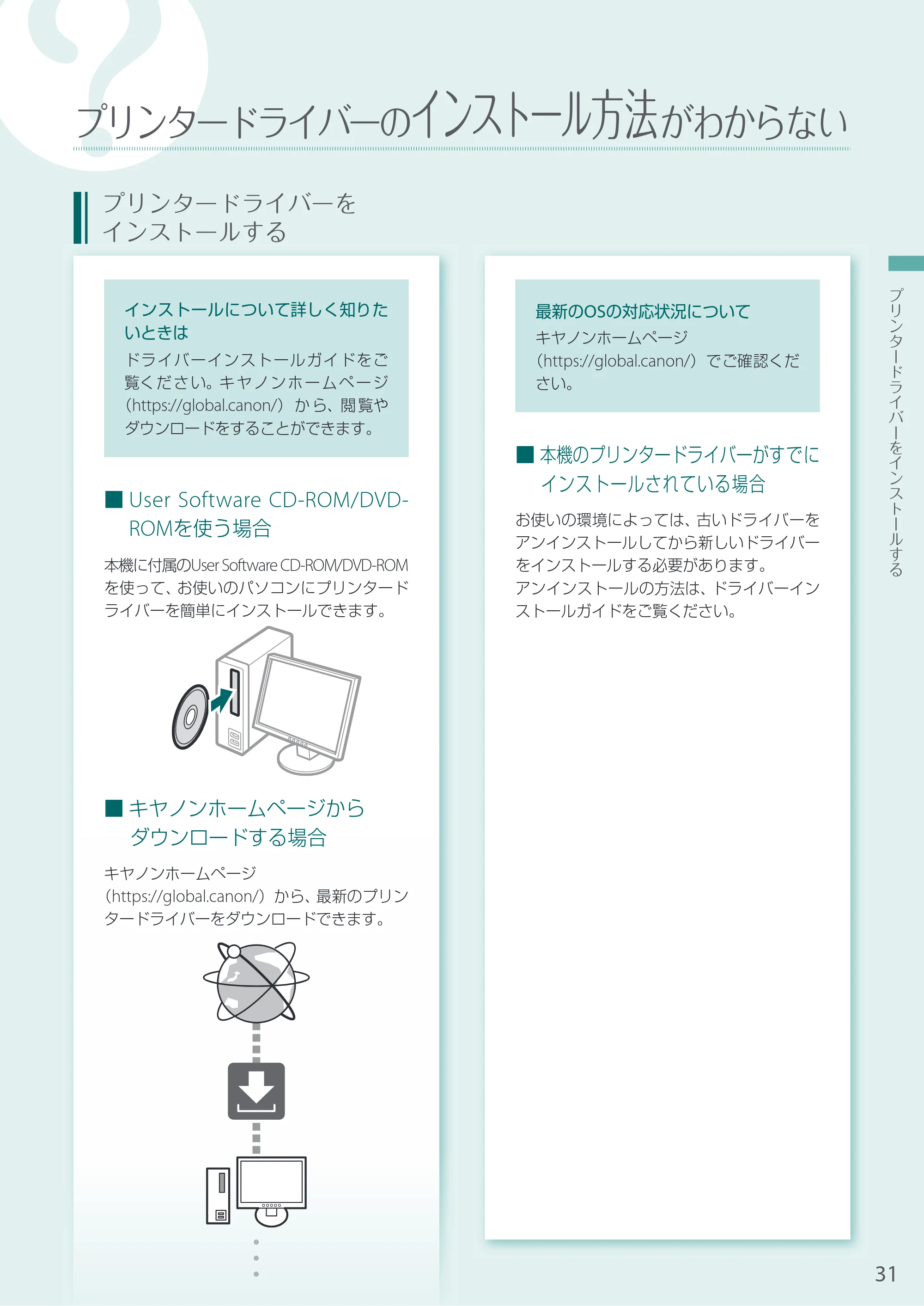 キヤノン A3機用) お困りごと解決ガイド 2020年5月14日更新（PDF：16.9MB） — プリンタードライバーのインストール方法がわからない — 原本ページ — 31ページ