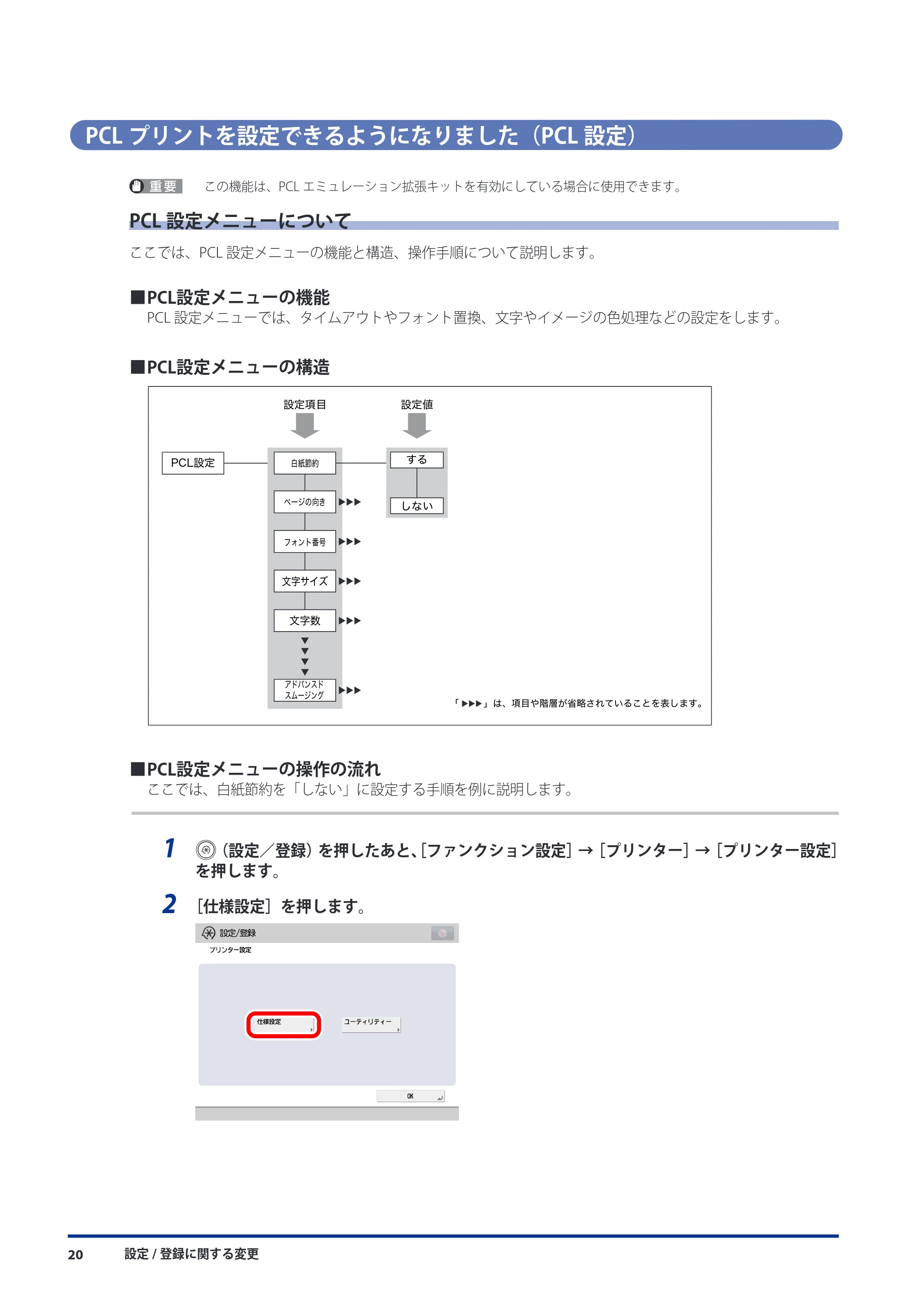 キヤノン imageRUNNER ADVANCE C9075 PRO/C9065 PRO/C7065/C7055 機能追加／変更のお知らせ 2010年11月15日 更新 （PDF形式／12.13Mバイト） — PCLプリントを設定できるようになりました（PCL設定） — 原本ページ — 22ページ