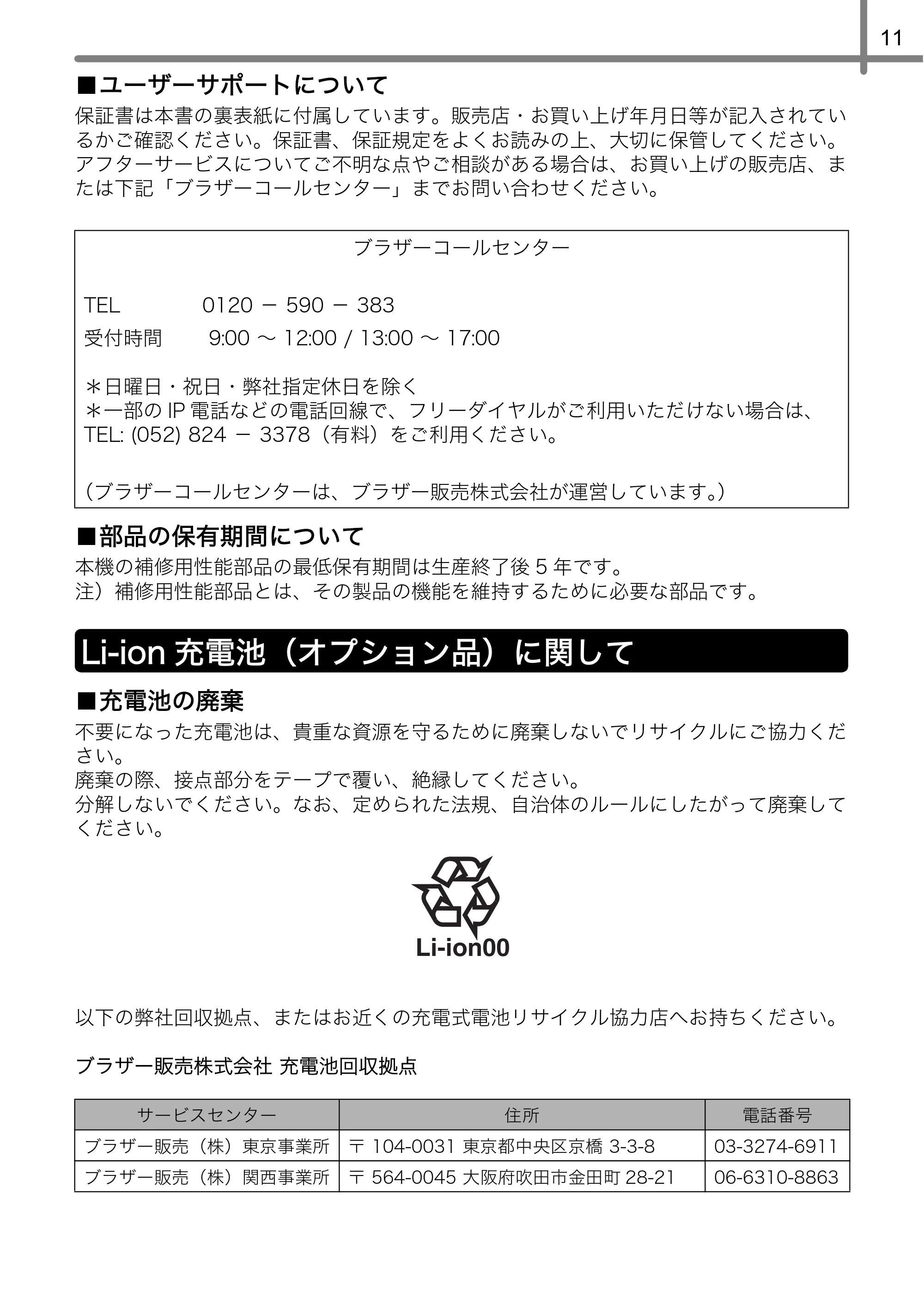 ブラザー TD-2130N/ 2130NSA 安全にお使いいただくために — Li-ion充電池(オプション品)に関して — 原本ページ — 12ページ