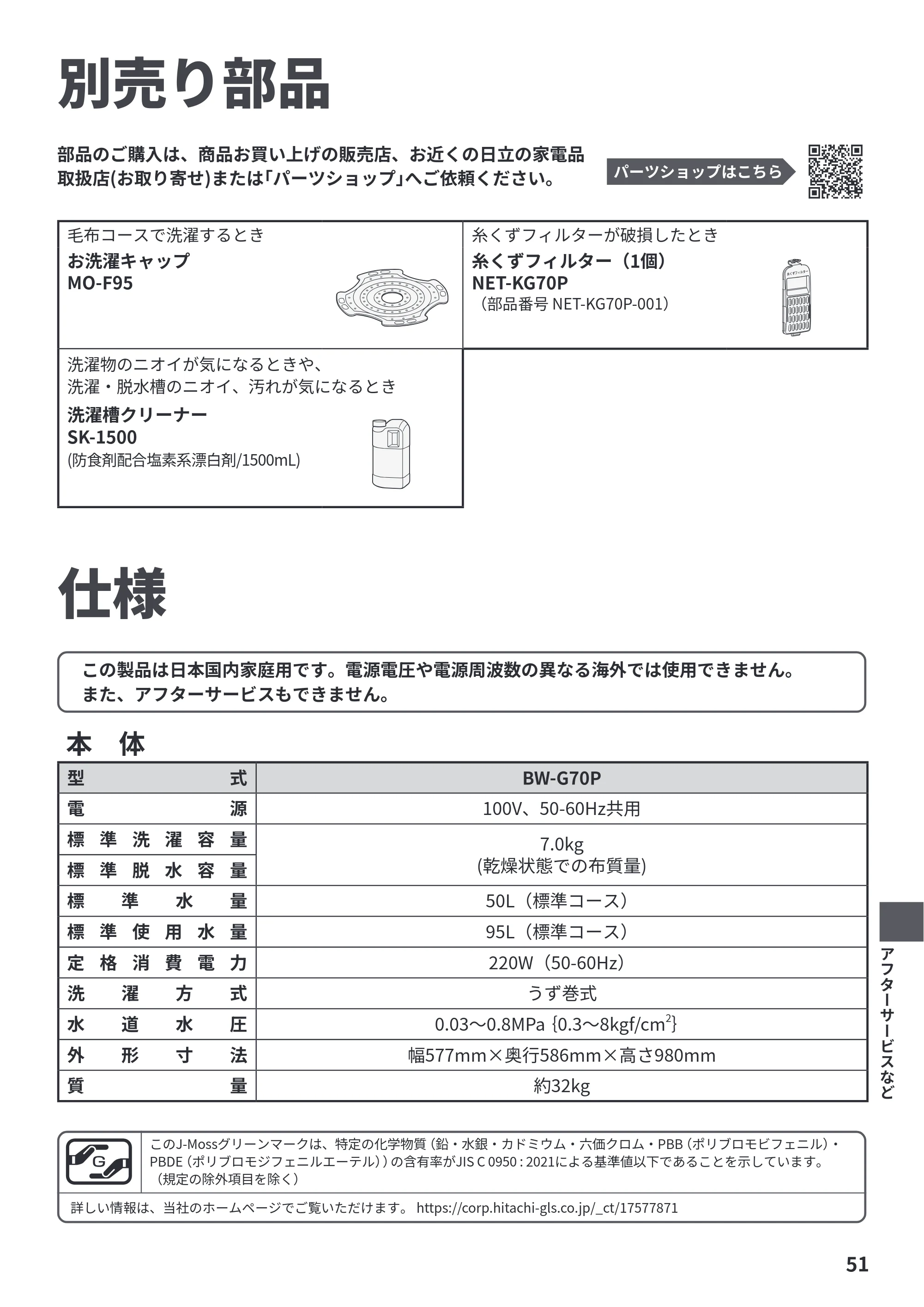 日立 BW-G70P 取扱説明書 — 別売り部品 — 原本ページ — 51ページ