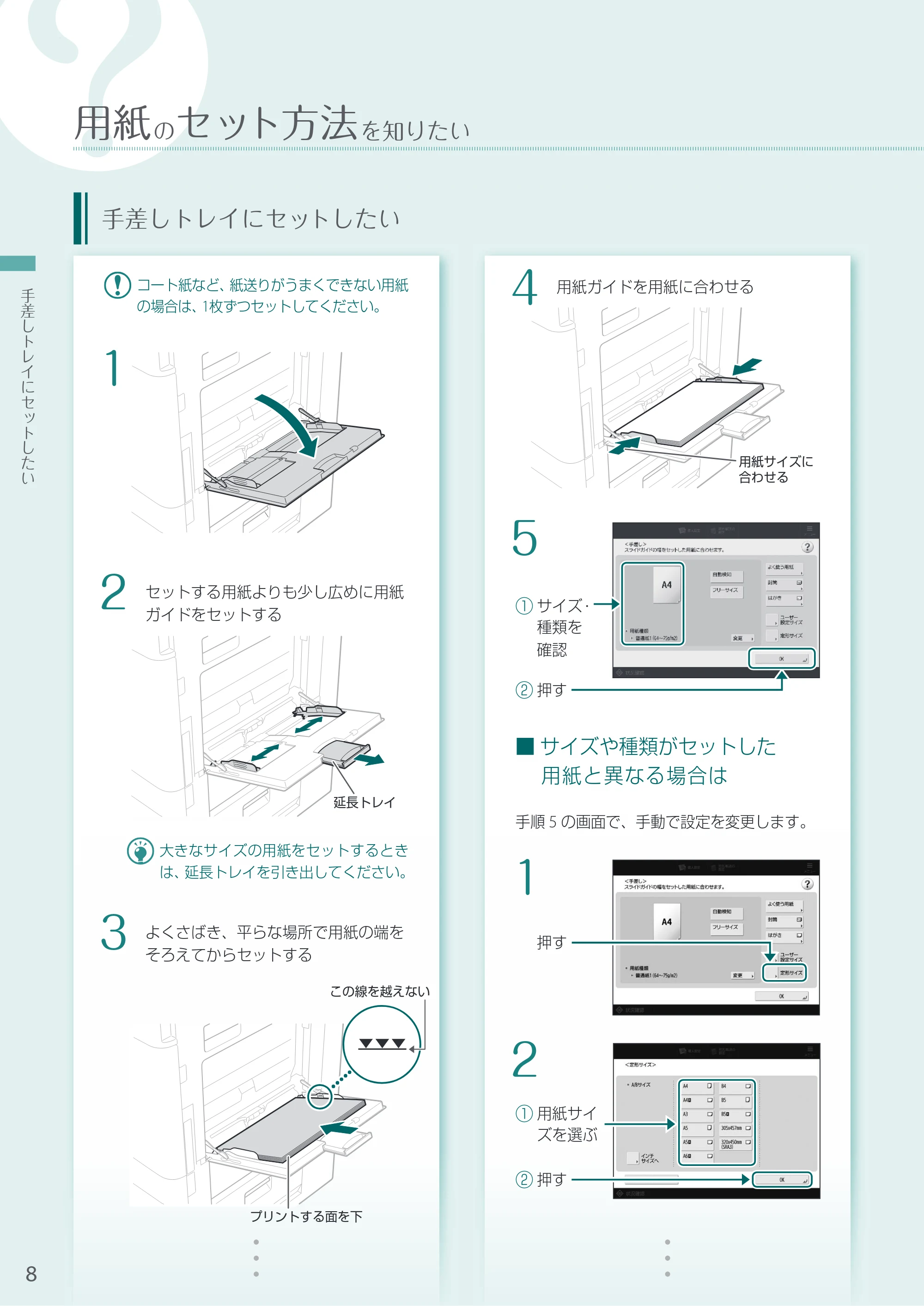 キヤノン A3機用) お困りごと解決ガイド 2021年8月31日更新（PDF：15.1MB） — 手差しトレイにセットしたい — 原本ページ — 8ページ