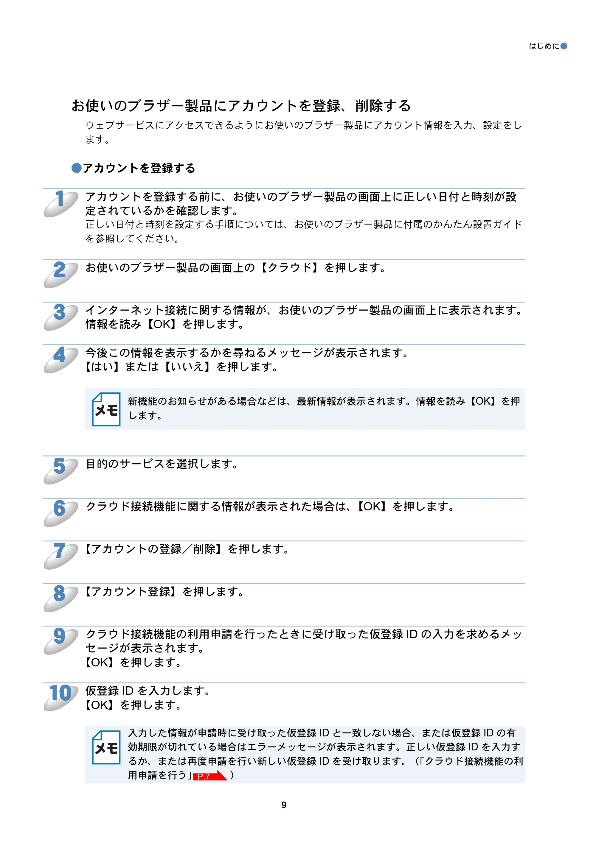 ブラザー DCP-J925N / MFC-J825N / MFC-J955DN / MFC-J955DWN クラウド接続ガイド — お使いのブラザー製品にアカウントを登録、削除する — 原本ページ — 10ページ