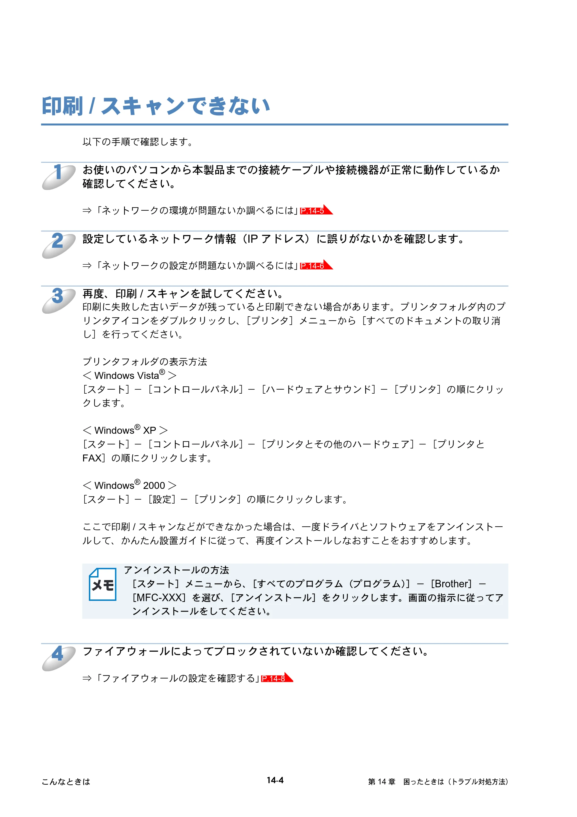 ブラザー DCP-535CN / MFC-490CN / MFC-5890CN ネットワーク取扱説明書 — 印刷/スキャンできない — 原本ページ — 172ページ