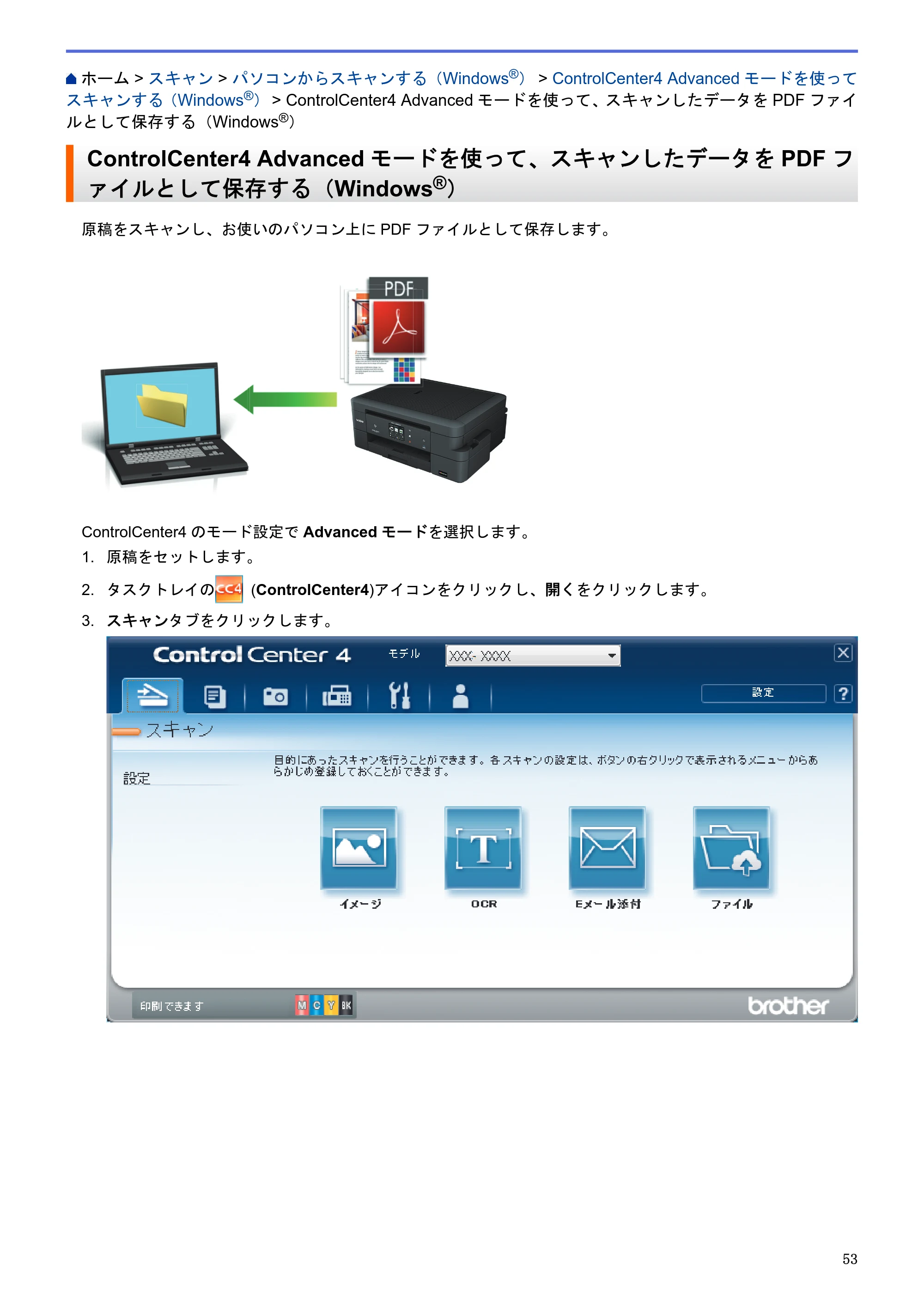 ブラザー DCP-J983N ユーザーズガイド（印刷用） ～パソコン活用＆ネットワーク～ — ControlCenter4 Advancedモードを使って、スキャンしたデータをPDFファイルとして保存する（Windows®） — 原本ページ — 57ページ