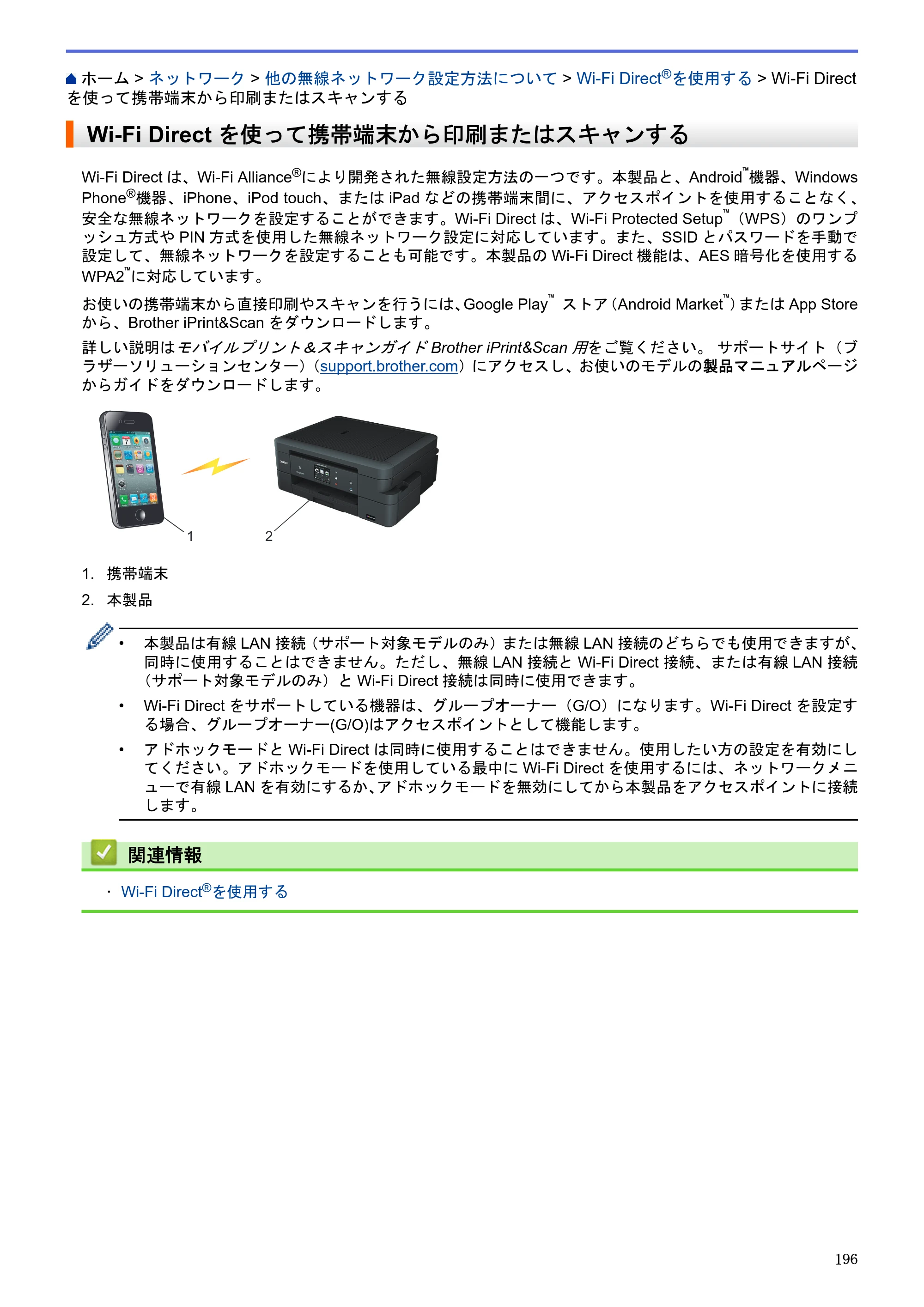 ブラザー DCP-J983N ユーザーズガイド（印刷用） ～パソコン活用＆ネットワーク～ — Wi-Fi Directを使って携帯端末から印刷またはスキャンする — 原本ページ — 200ページ