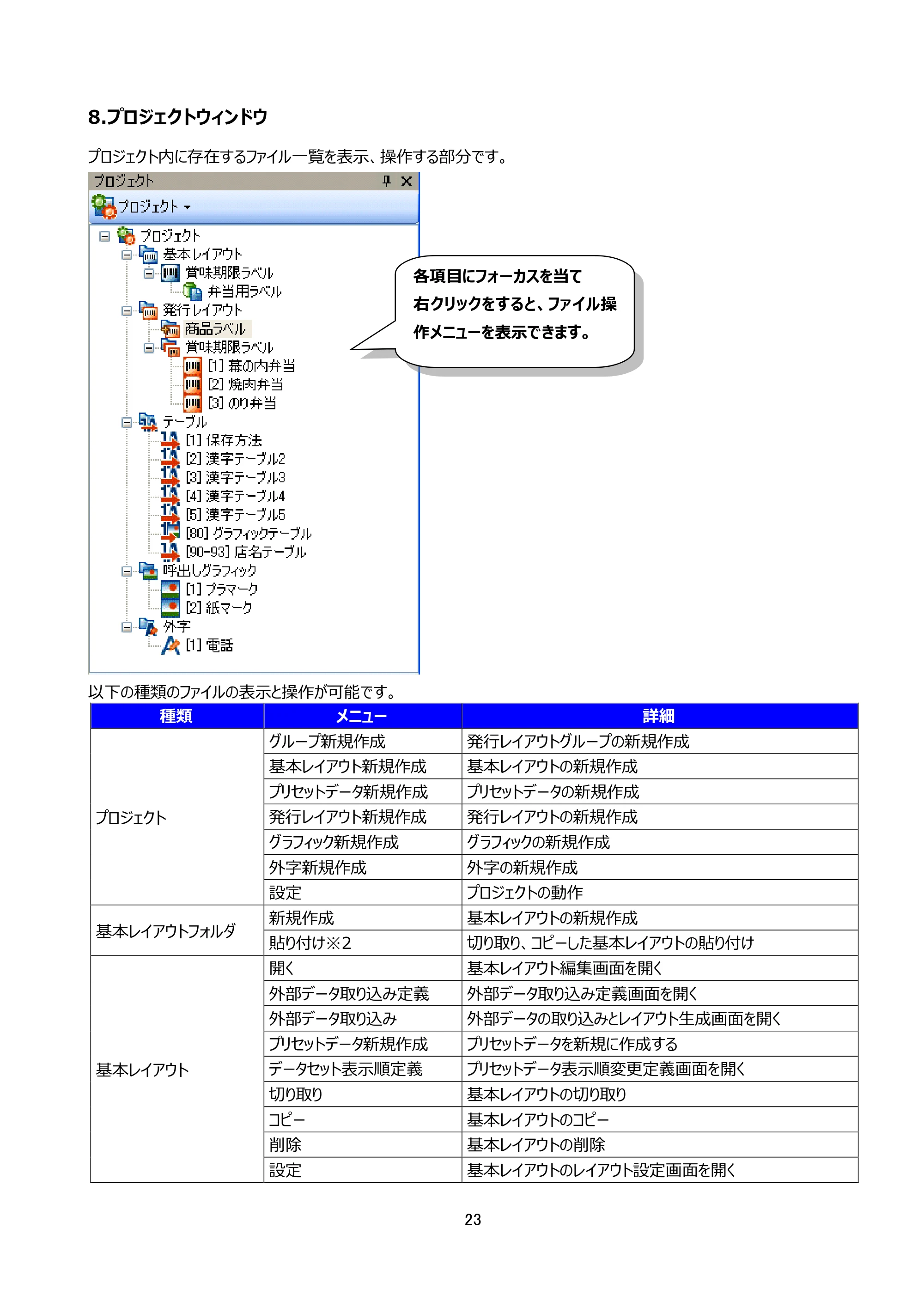サトー arlabe(バーラベ)FI212T FIツール 操作マニュアル(第20版) — 8.プロジェクトウィンドウ — 原本ページ — 24ページ