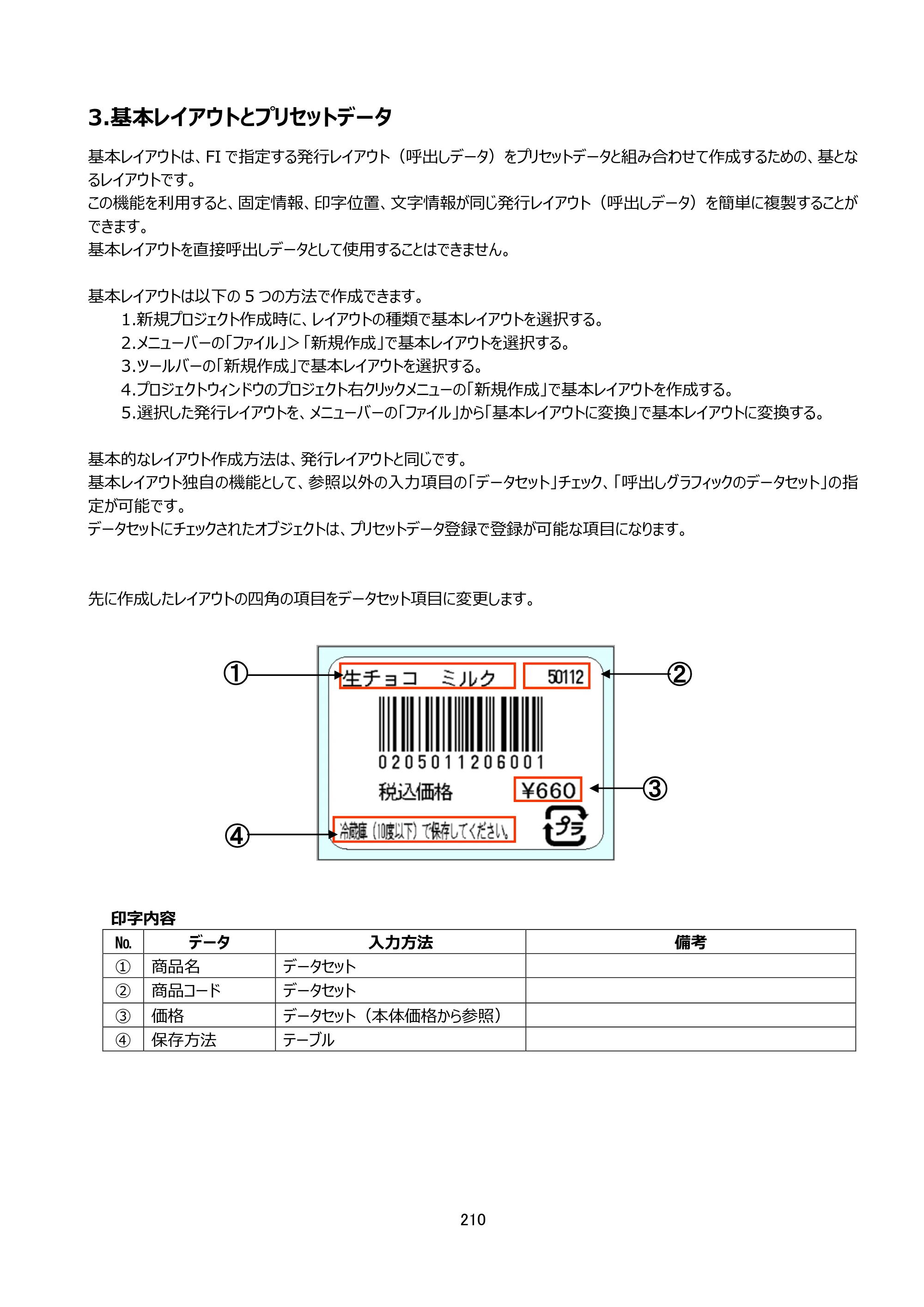 サトー arlabe(バーラベ)FI212T FIツール 操作マニュアル（第20版） — 3.基本レイアウトとプリセットデータ — 原本ページ — 211ページ