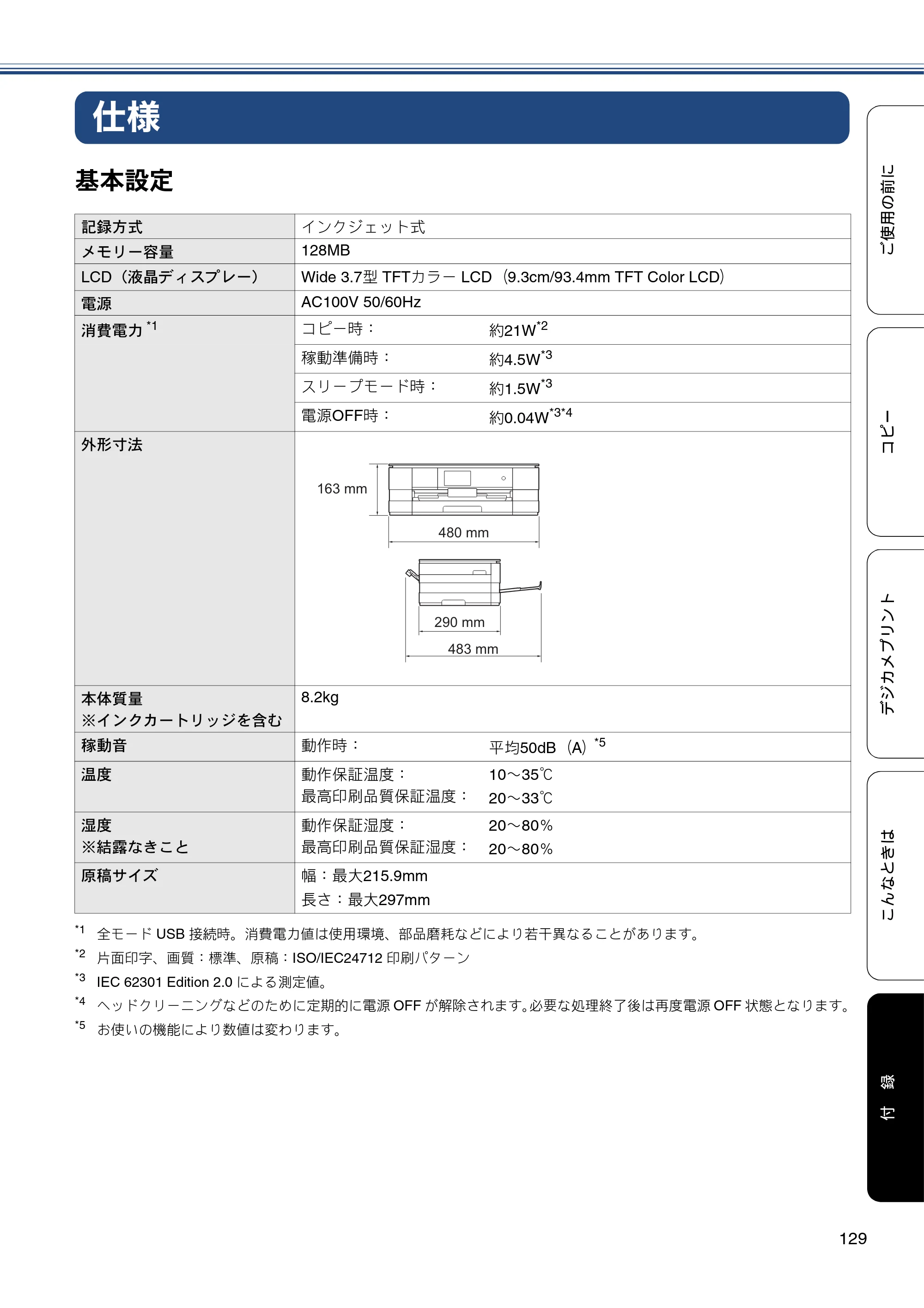 ブラザー DCP-J4215N-B/W ユーザーズガイド ～基本編～ — 仕様 — 原本ページ — 129ページ