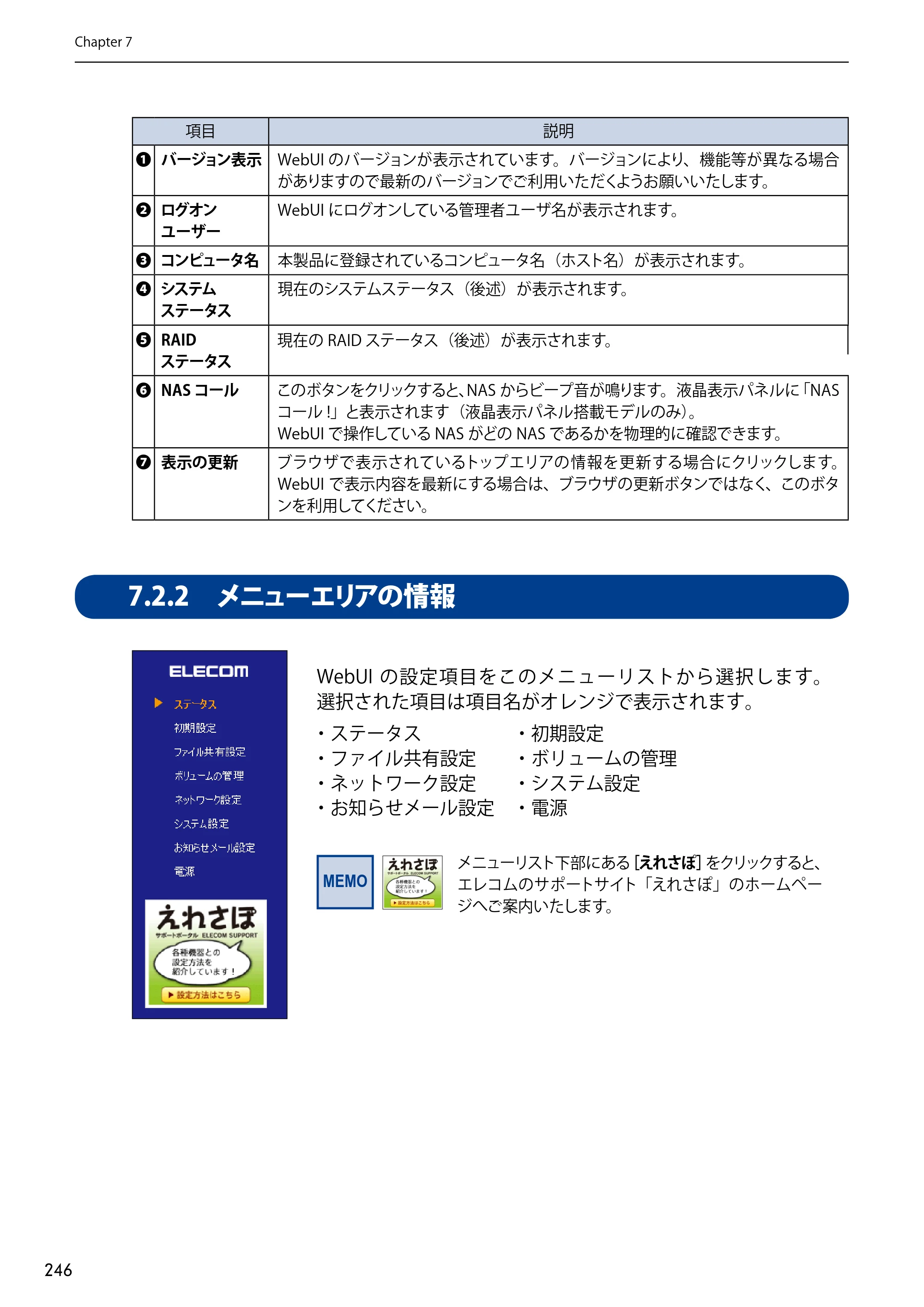 エレコム NSB-75S12T4DW65 / NSB-75S12T4RW65 / NSB-75S16T4DW65 03.NASツール ソフトウェアマニュアル(Ver.7.00～)【第7版】 — 7.2.2 メニューエリアの情報 — 原本ページ — 246ページ