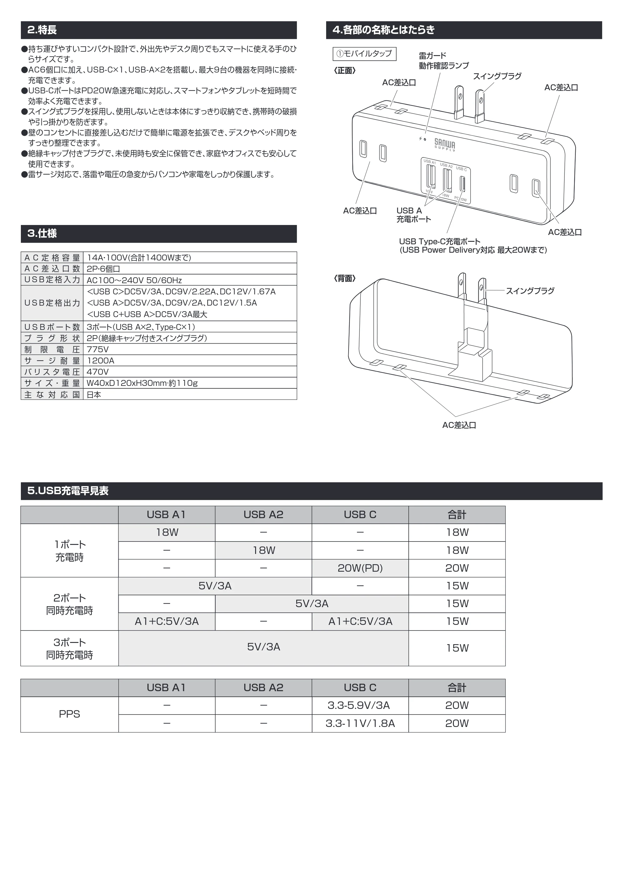 サンワサプライ 700-TAP093W / 700-TAP093BK / 700-TAP093WW 取扱説明書 — 原本ページ — 2ページ
