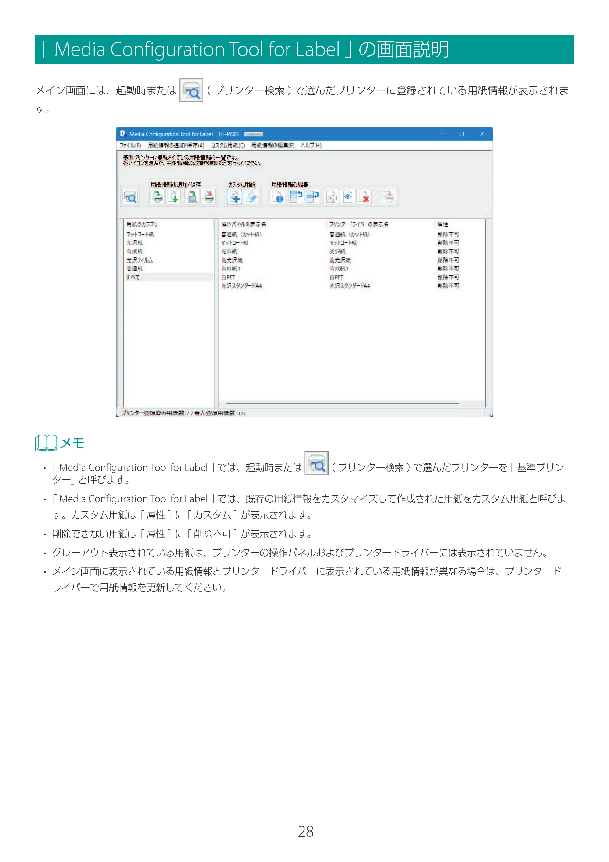 キヤノン LG-P800 LG-P800 Media Configuration Tool for Label ユーザーズガイド 2025年10月15日掲載（PDF：2.49MB） — 「Media Configuration Tool for Label」の画面説明 — 原本ページ — 29ページ