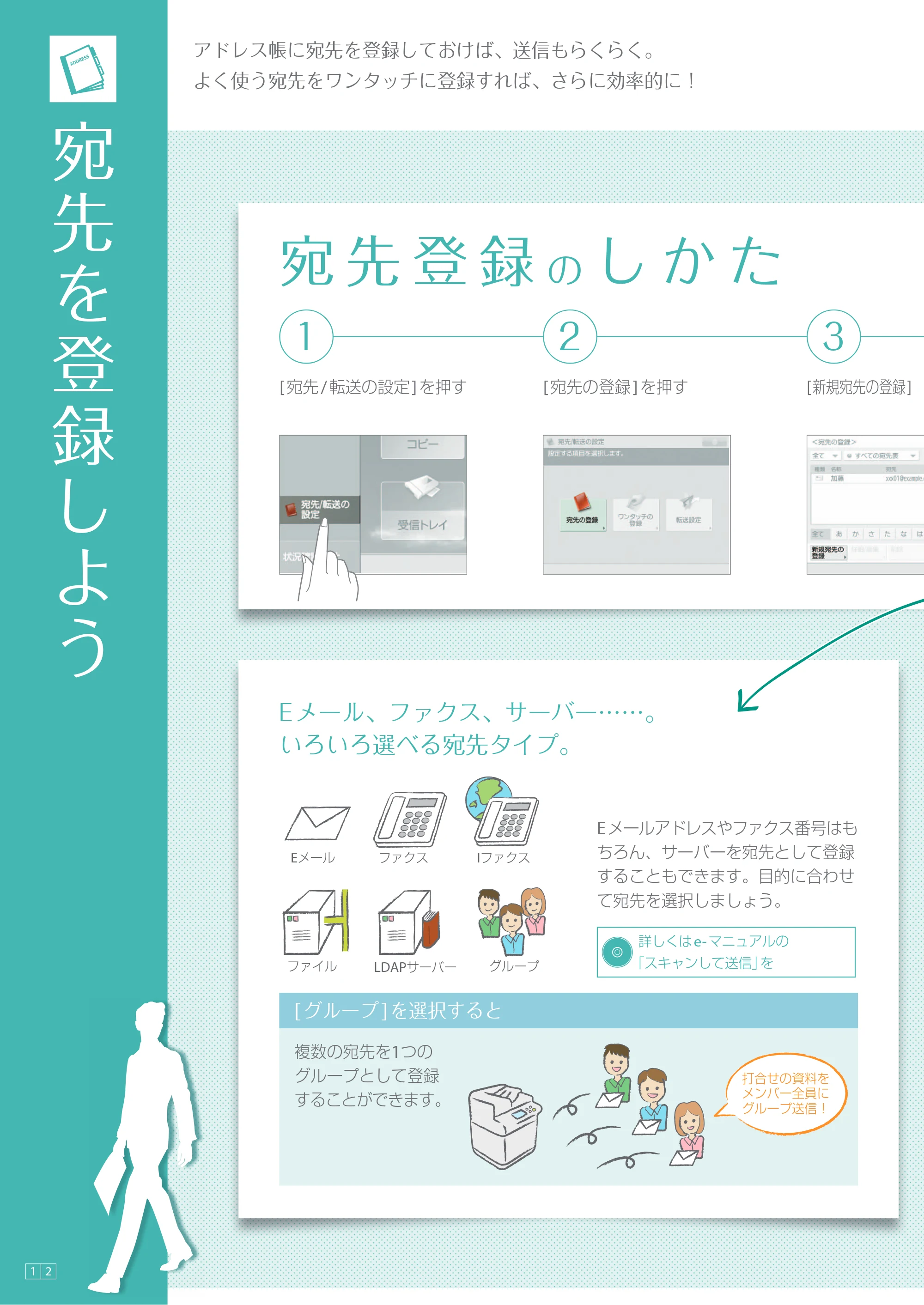 キヤノン imageRUNNER ADVANCE C3330F/C3330/C3320F/C3330F-RG かんたん操作ガイド 2015年5月19日更新（PDF：16.2MB） — 宛先を登録しよう — 原本ページ — 12ページ