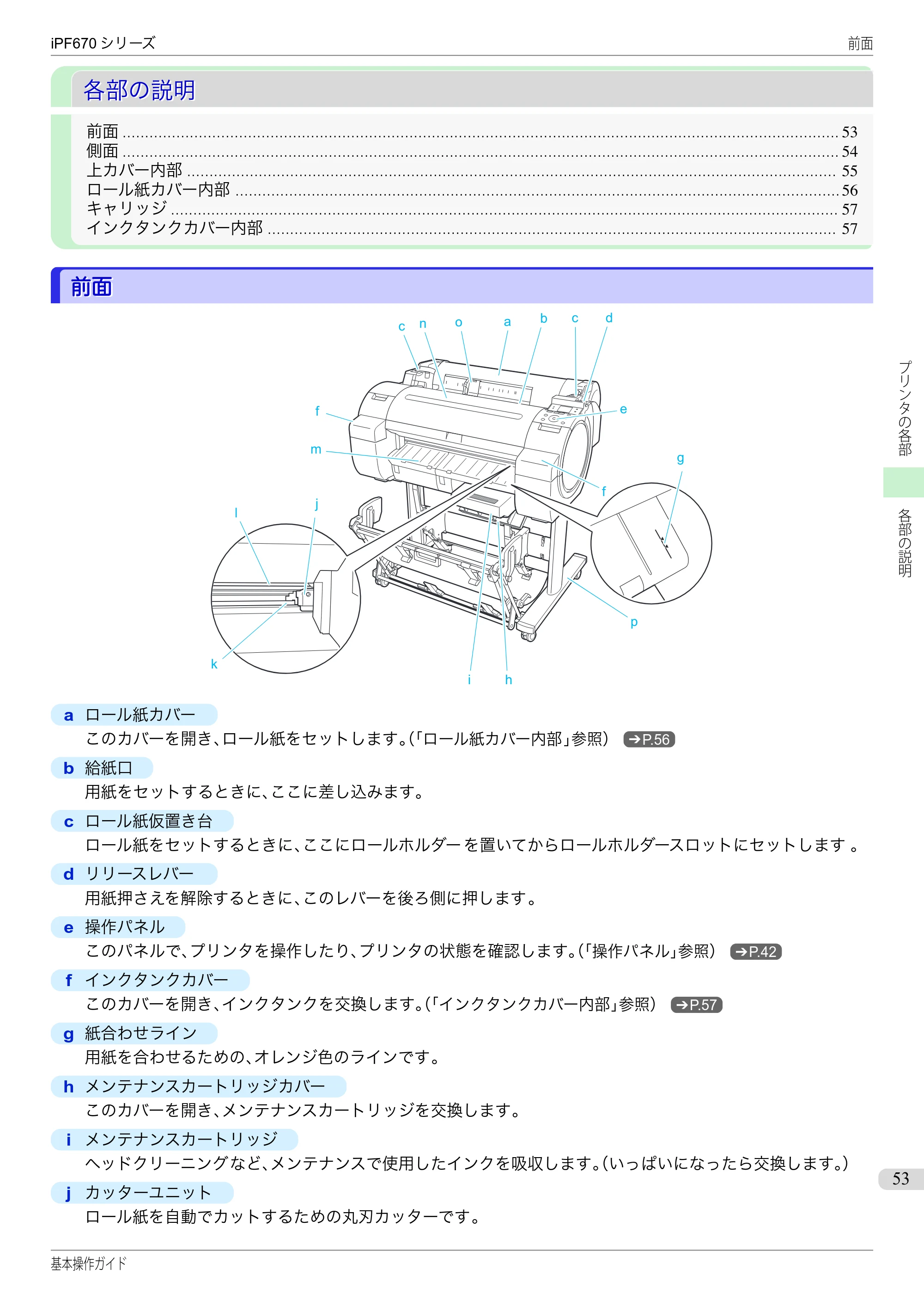 キヤノン iPF670/770シリーズ・iPF-670/770 MFPシリーズ iPF670シリーズ 基本操作ガイド（PDF：6.57MB） — 各部の説明 — 原本ページ — 53ページ