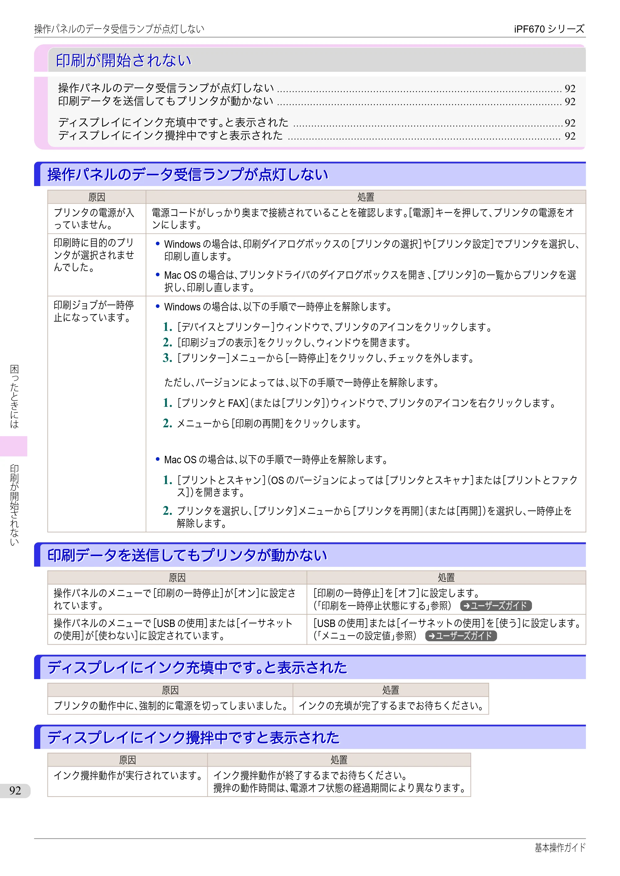 キヤノン iPF670/770シリーズ・iPF-670/770 MFPシリーズ iPF670シリーズ 基本操作ガイド（PDF：6.57MB） — 印刷が開始されない — 原本ページ — 92ページ