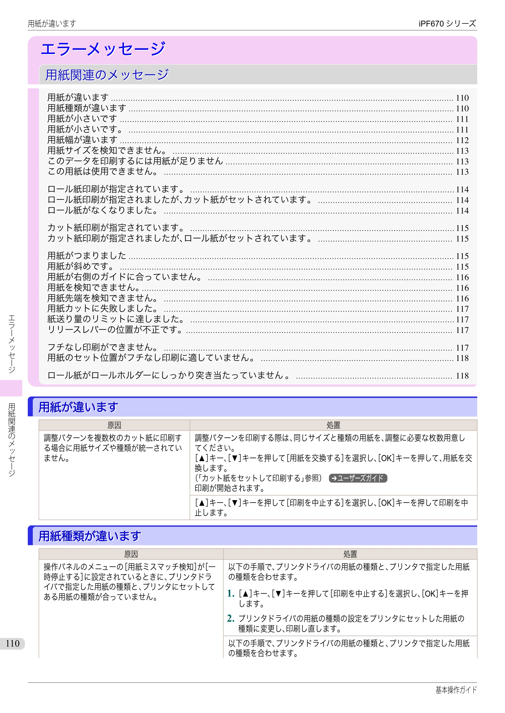 キヤノン iPF670/770シリーズ・iPF-670/770 MFPシリーズ iPF670シリーズ 基本操作ガイド（PDF：6.57MB） — エラーメッセージ — 原本ページ — 110ページ