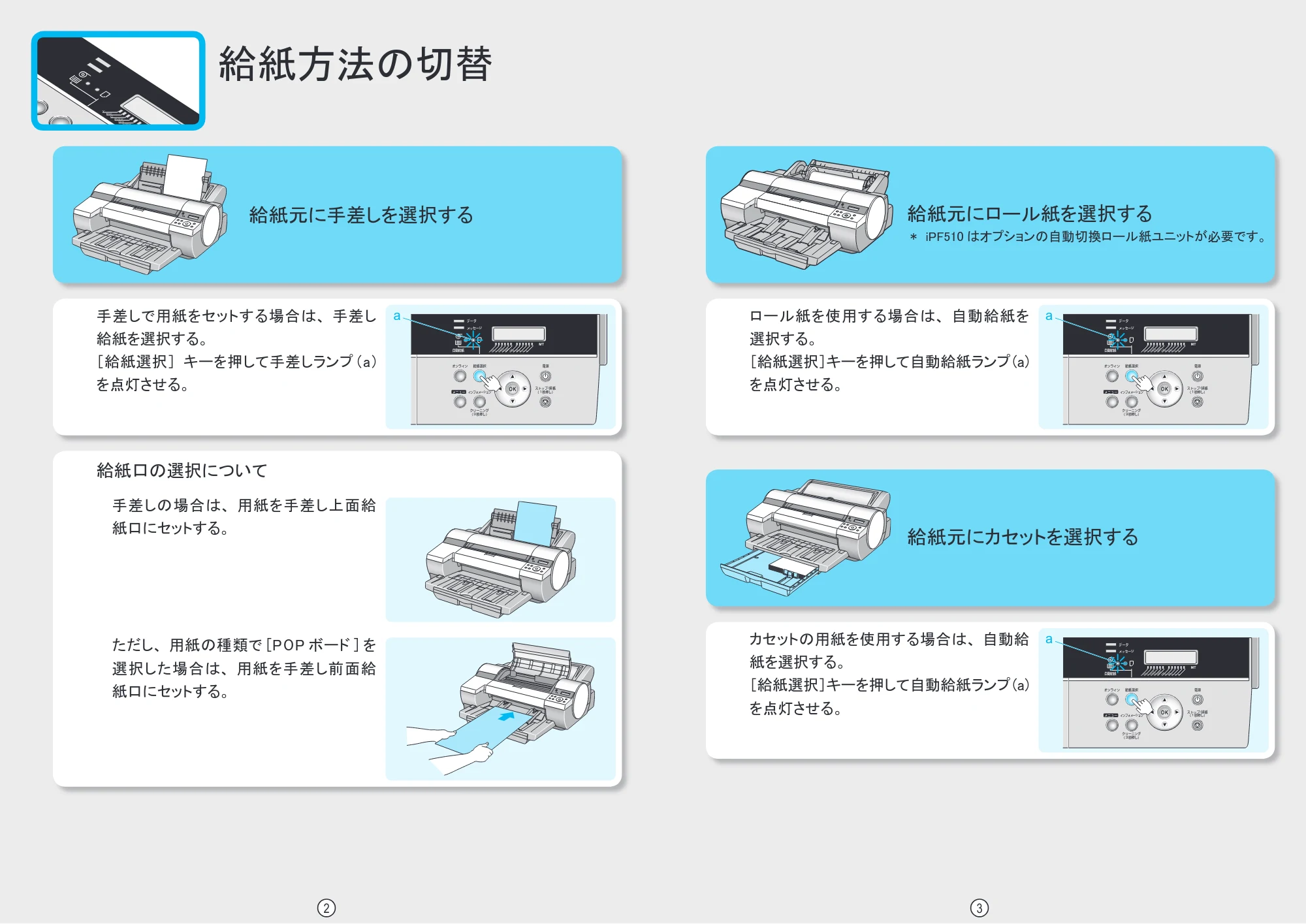 キヤノン iPF510/5100 クイック操作ガイド （PDF形式／1.92Mバイト） — 給紙方法の切替 — 原本ページ — 2ページ