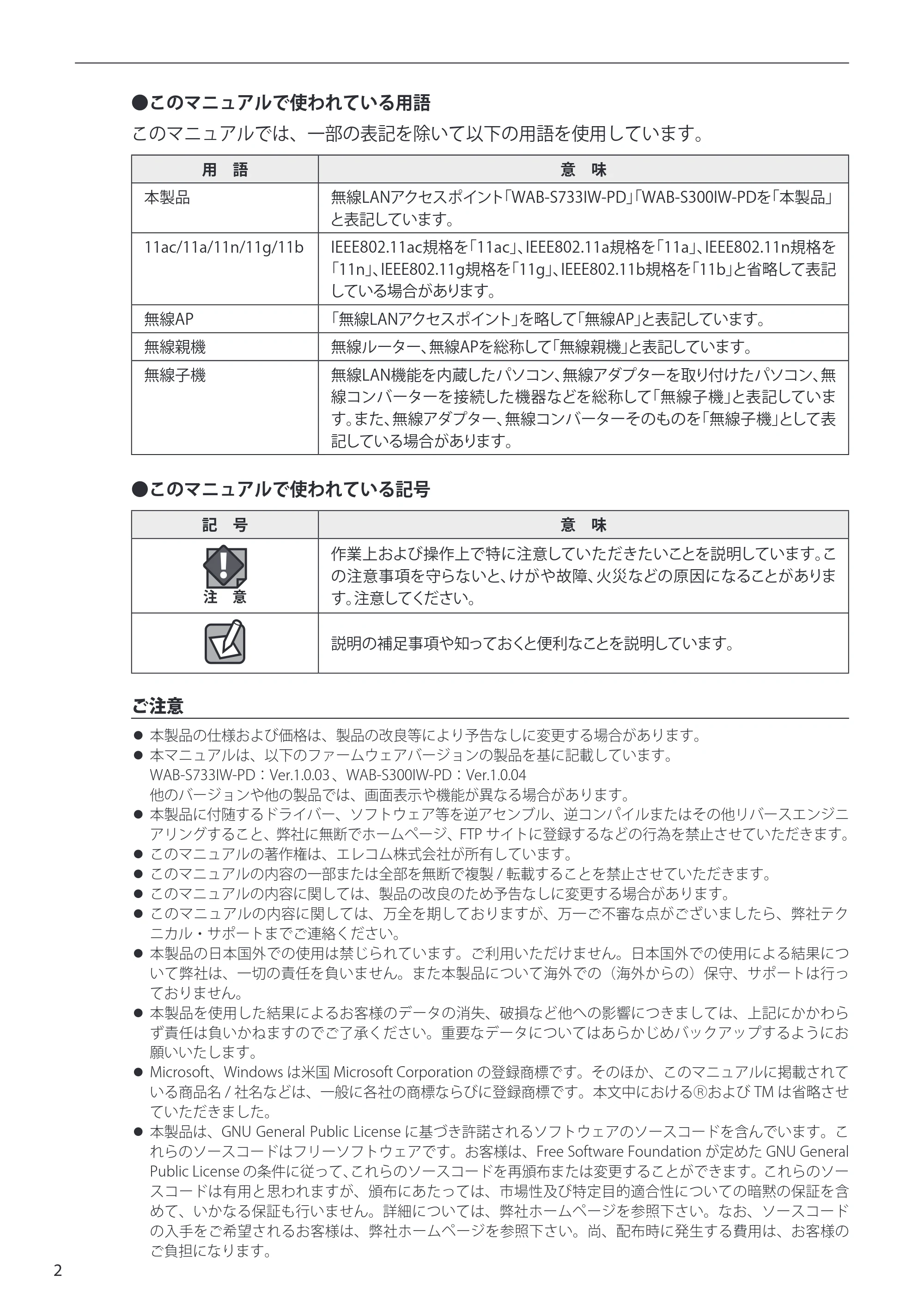 エレコム WAB-S300IW-PD / WAB-S733IW-PD 1-2.ユーザーズ・マニュアル ( F/W Ver.1.0.3 のお客様 ) — 原本ページ — 2ページ