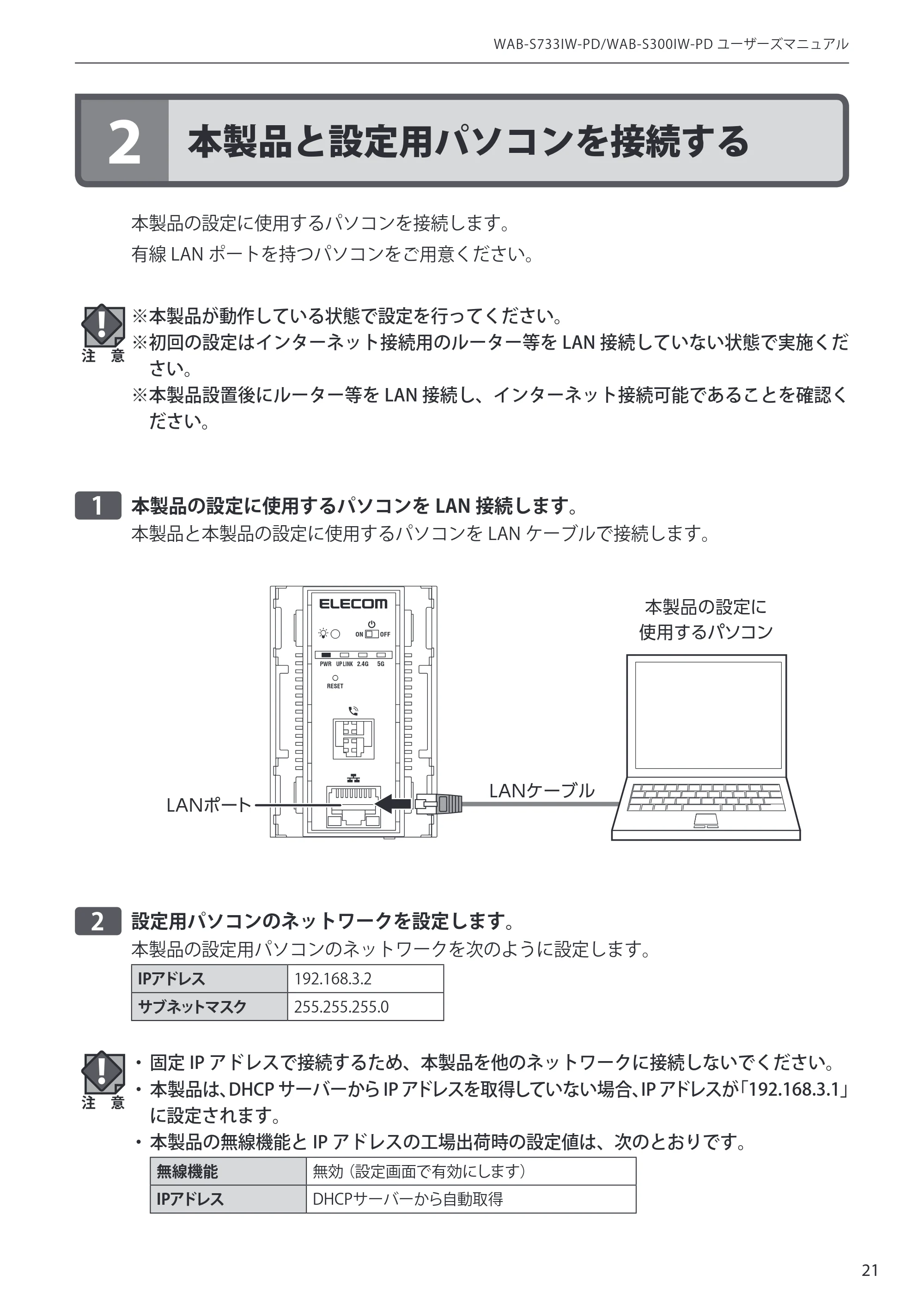 エレコム WAB-S300IW-PD / WAB-S733IW-PD 1-2.ユーザーズ・マニュアル ( F/W Ver.1.0.3 のお客様 ) — 原本ページ — 21ページ