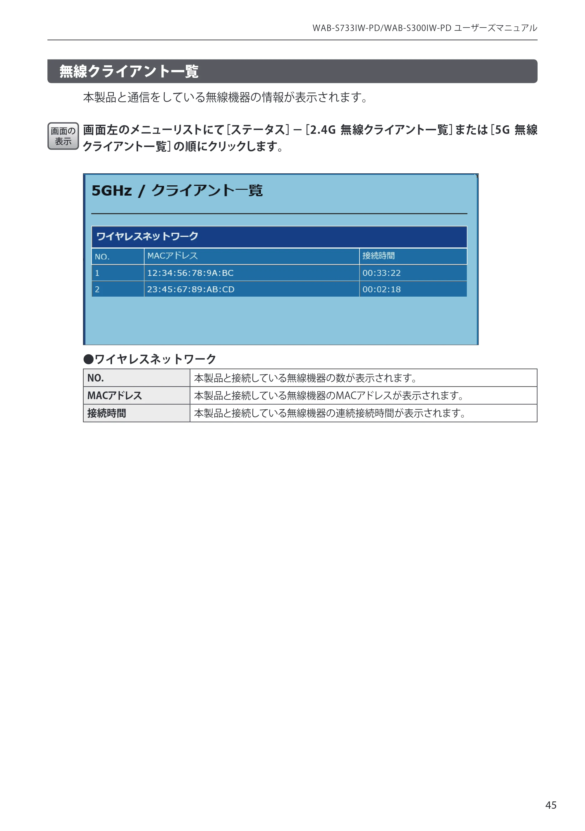 エレコム WAB-S300IW-PD / WAB-S733IW-PD 1-2.ユーザーズ・マニュアル ( F/W Ver.1.0.3 のお客様 ) — 原本ページ — 45ページ