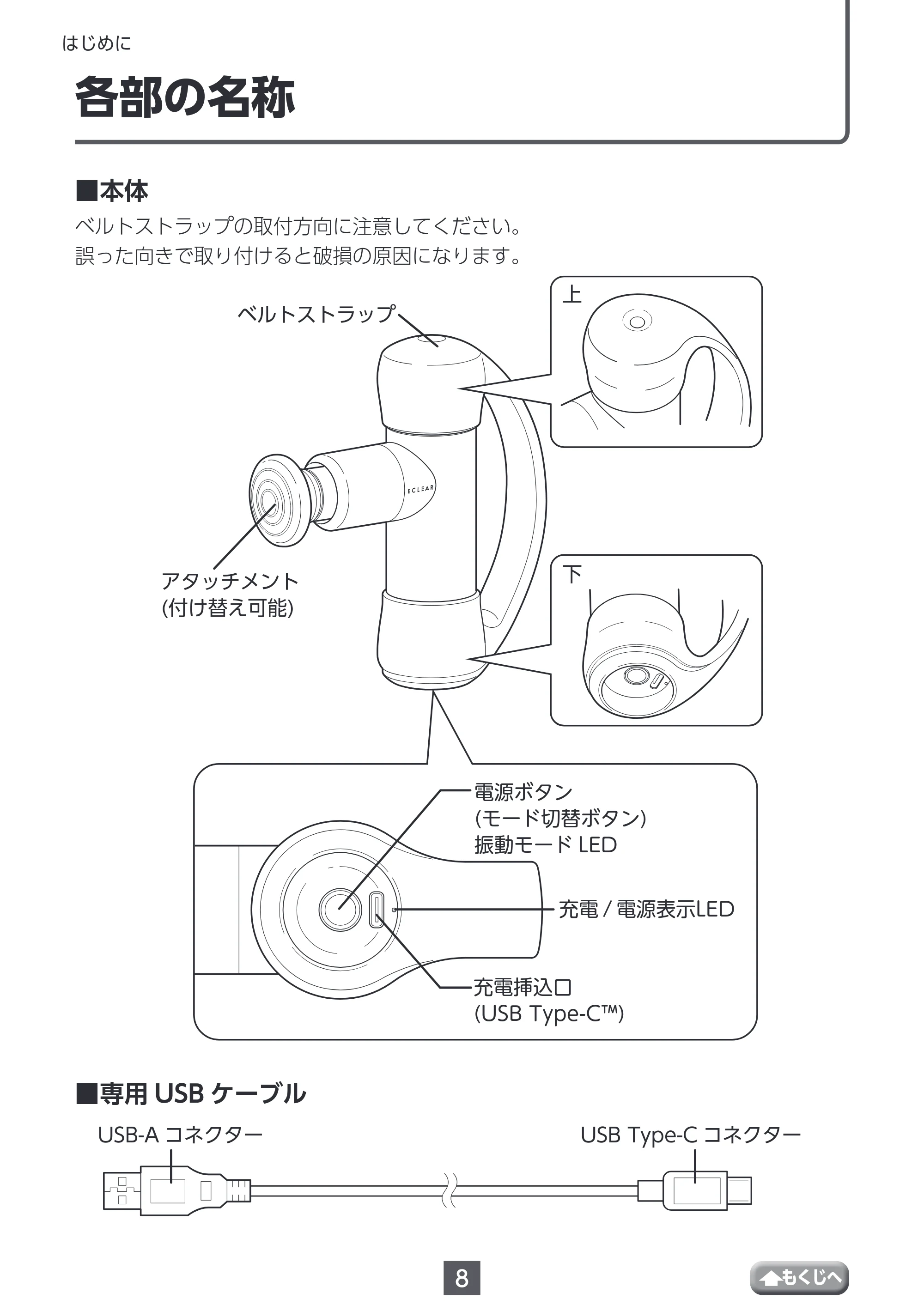 エレコム HCR-GN01XBE / HCR-GN01XGR 取扱説明書 — 各部の名称 — 原本ページ — 8ページ