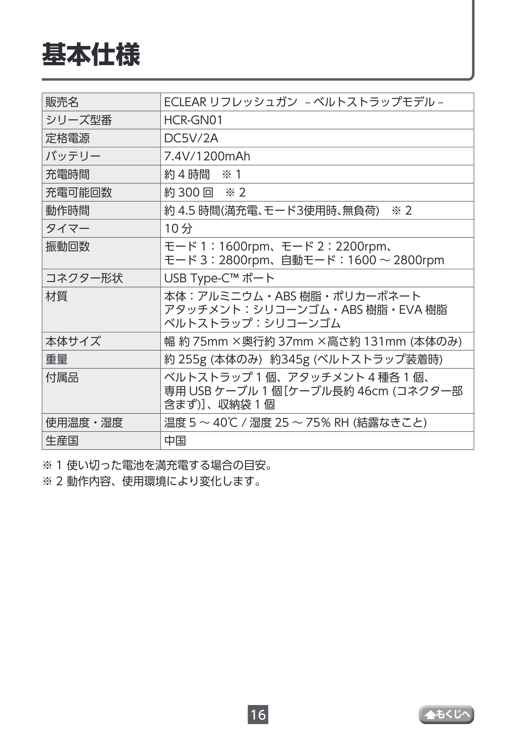 エレコム HCR-GN01XBE / HCR-GN01XGR 取扱説明書 — 基本仕様 — 原本ページ — 16ページ