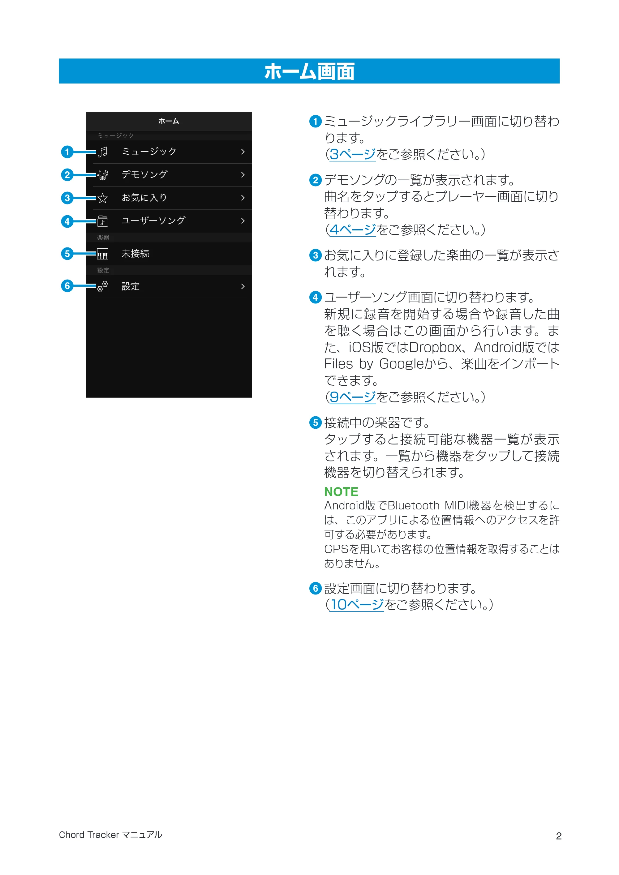 ヤマハ Chord Chord Tracker マニュアル — ホーム画面 — 原本ページ — 2ページ