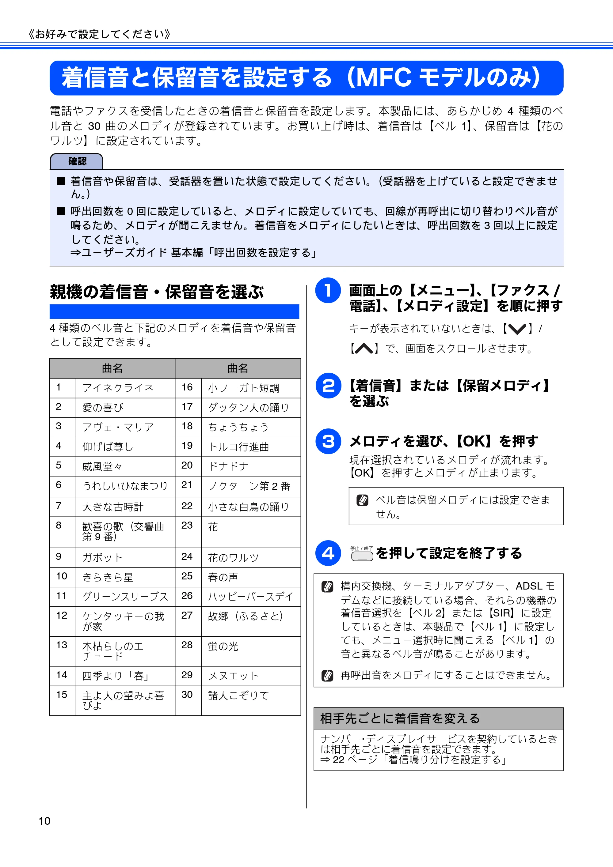 ブラザー DCP-J525N / DCP-J725N / MFC-J705D / MFC-J705DW ユーザーズガイド ~応用編~ — 着信音と保留音を設定する(MFCモデルのみ) — 原本ページ — 12ページ