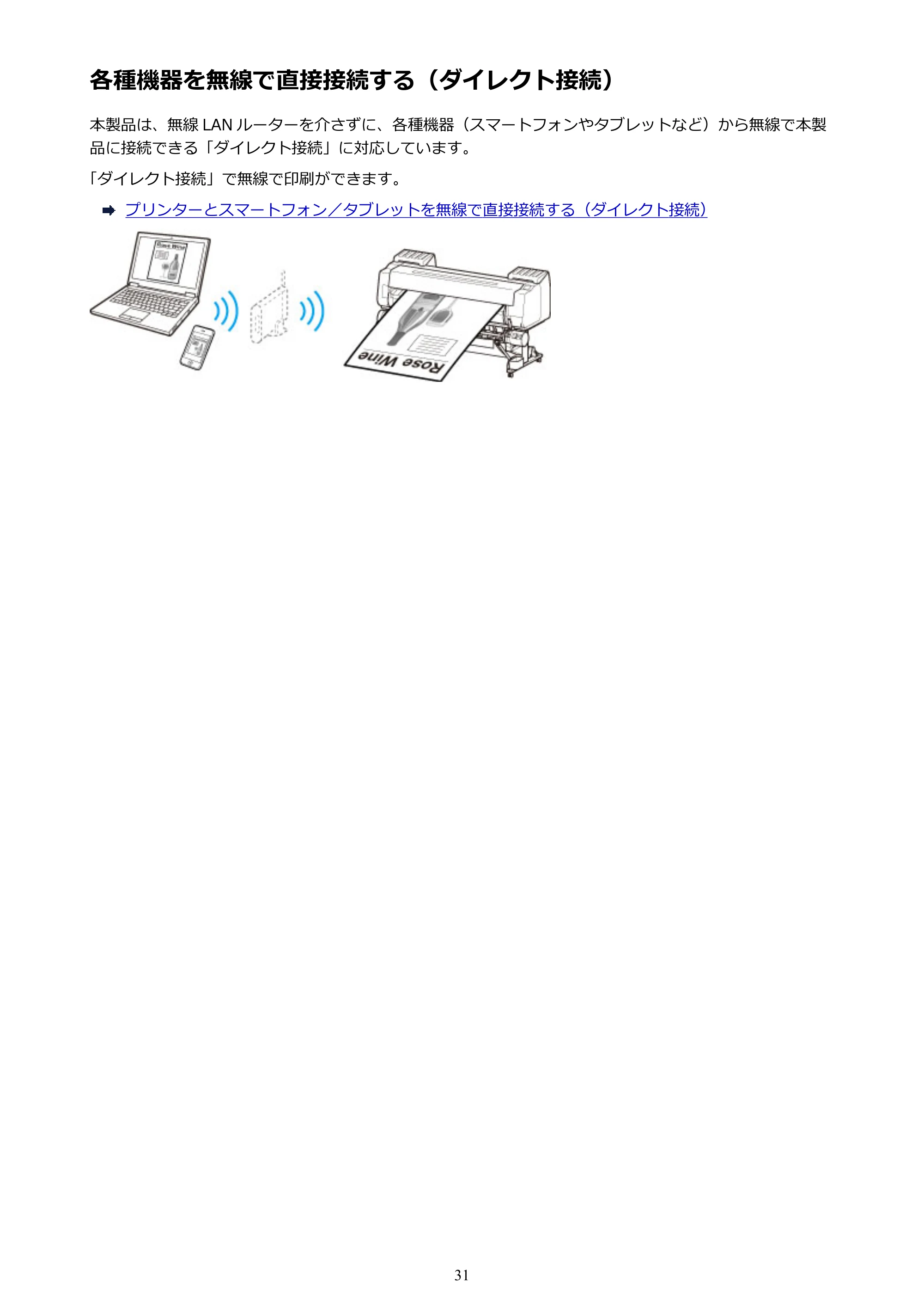キヤノン PRO-6000S imagePROGRAF PRO-6000S （PDF） 電子マニュアル （Mac版） 2021年7月1日掲載（PDF：13.3MB） — 各種機器を無線で直接接続する（ダイレクト接続） — 原本ページ — 31ページ
