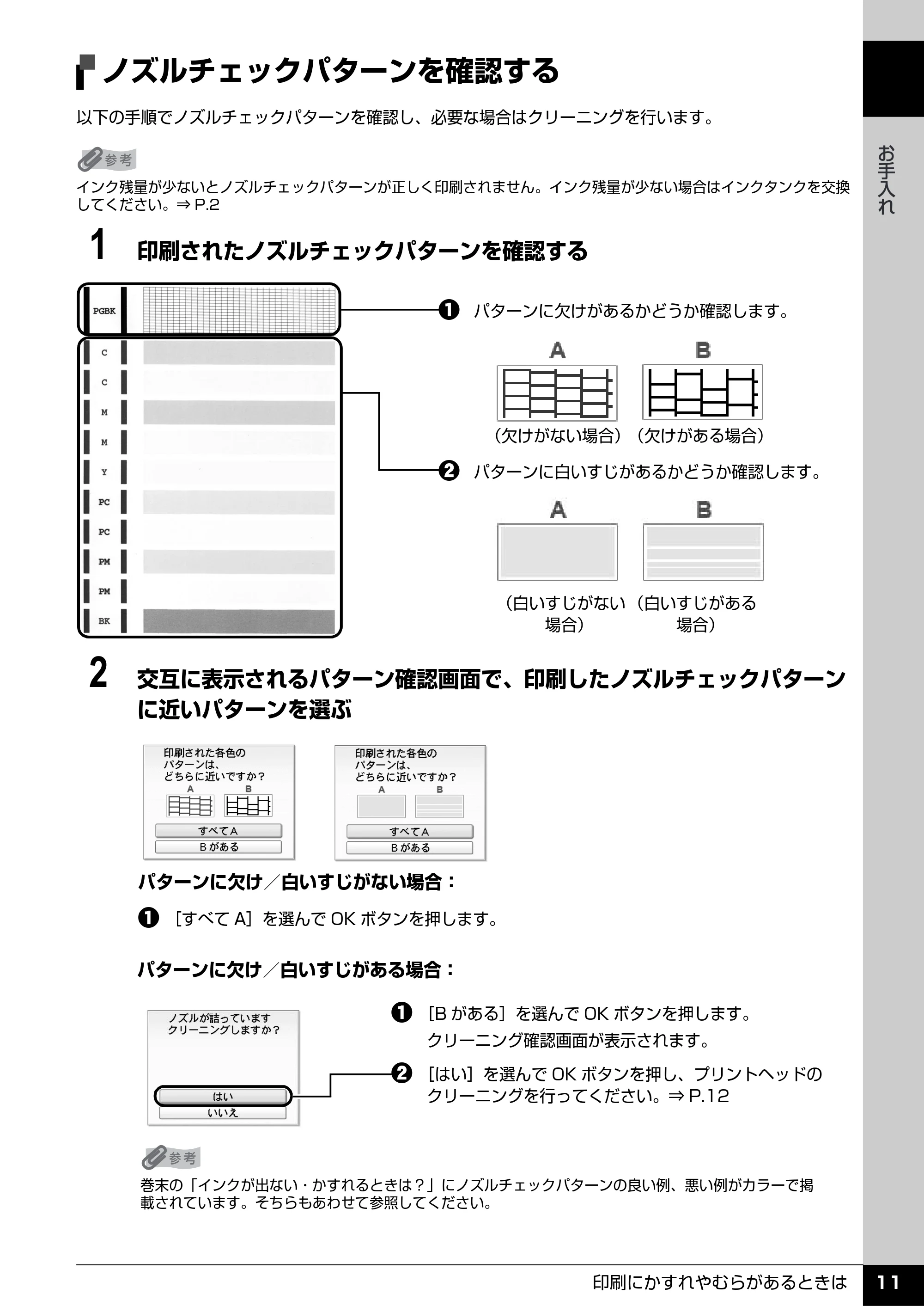 キヤノン PIXUS MP960 操作ガイド(お手入れ編) (PDF形式/6.25Mバイト) — ノズルチェックパターンを確認する — 原本ページ — 12ページ