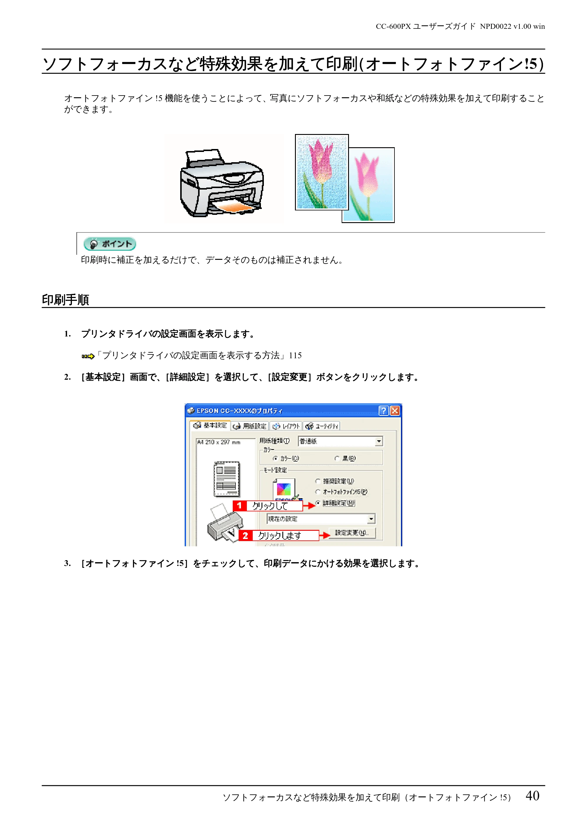 エプソン CC-600PX ユーザーズガイド for Windows — ソフトフォーカスなど特殊効果を加えて印刷(オートフォトファイン!5) — 原本ページ — 40ページ