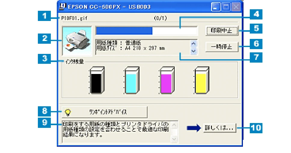 エプソン CC-600PX ユーザーズガイド for Windows — 印刷状況を確認する画面 — 図版 121-1 — 121ページ