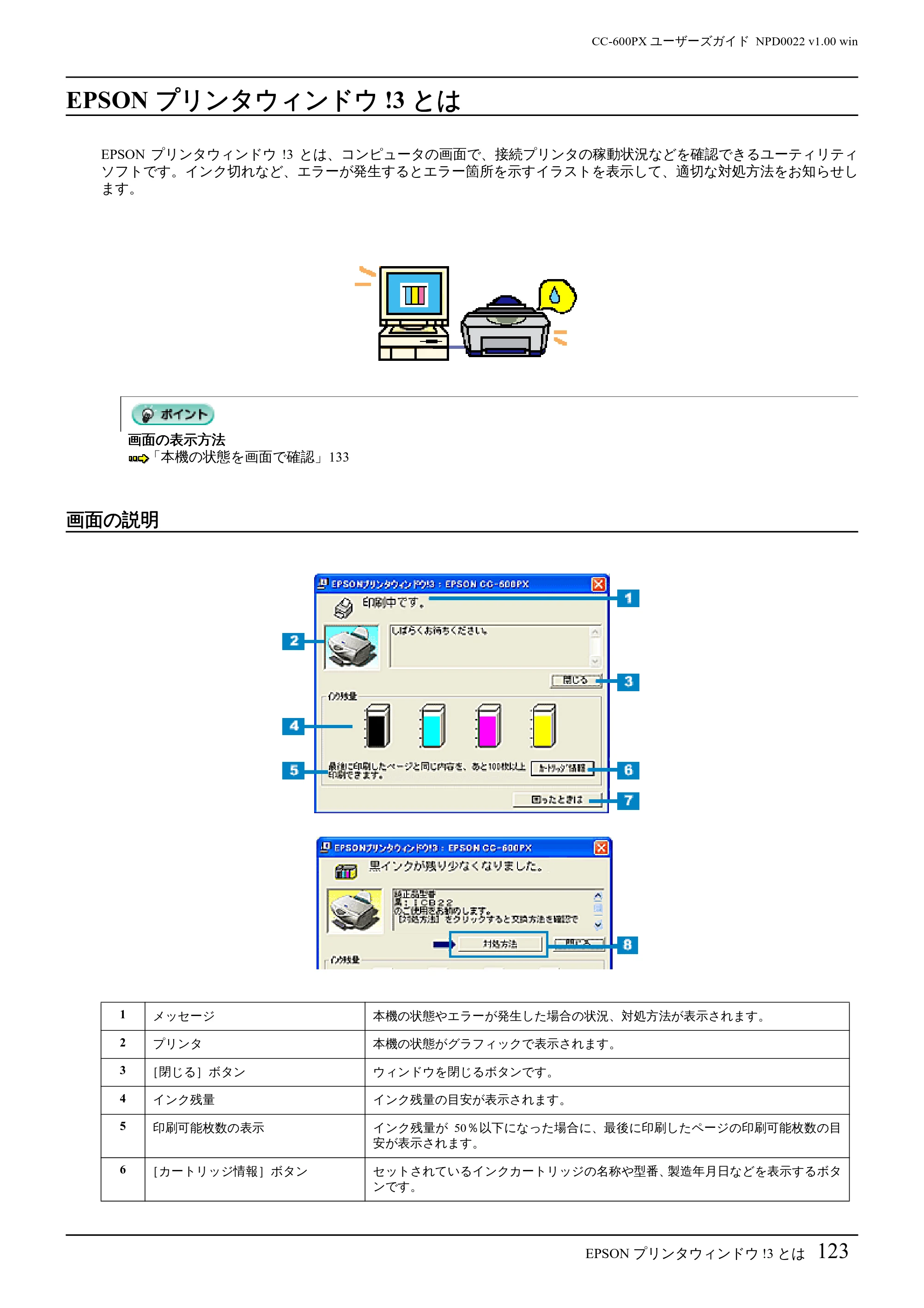 エプソン CC-600PX ユーザーズガイド for Windows — EPSONプリンタウィンドウ!3とは — 原本ページ — 123ページ
